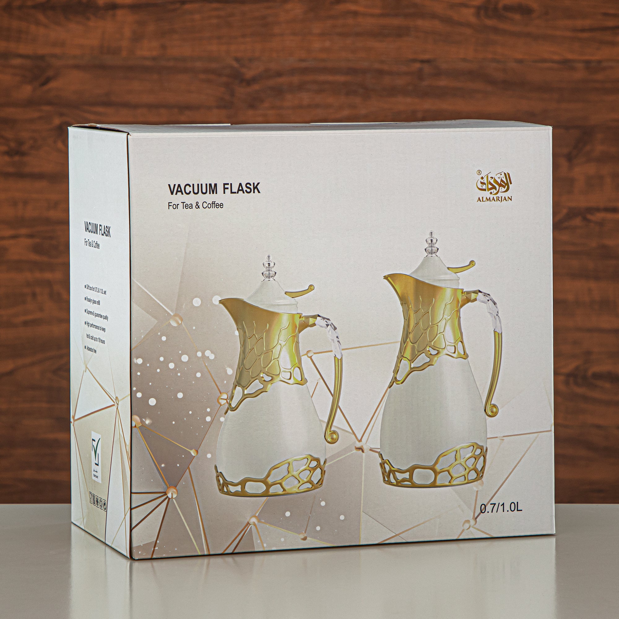 Almarjan Vacuum Flask Set Metal Body 0.7L & 1L ABS & Acrylic Handle (VBC-0700/1000 Q330YZE22) – Ivory & Matte Gold Tea & Coffee Serving