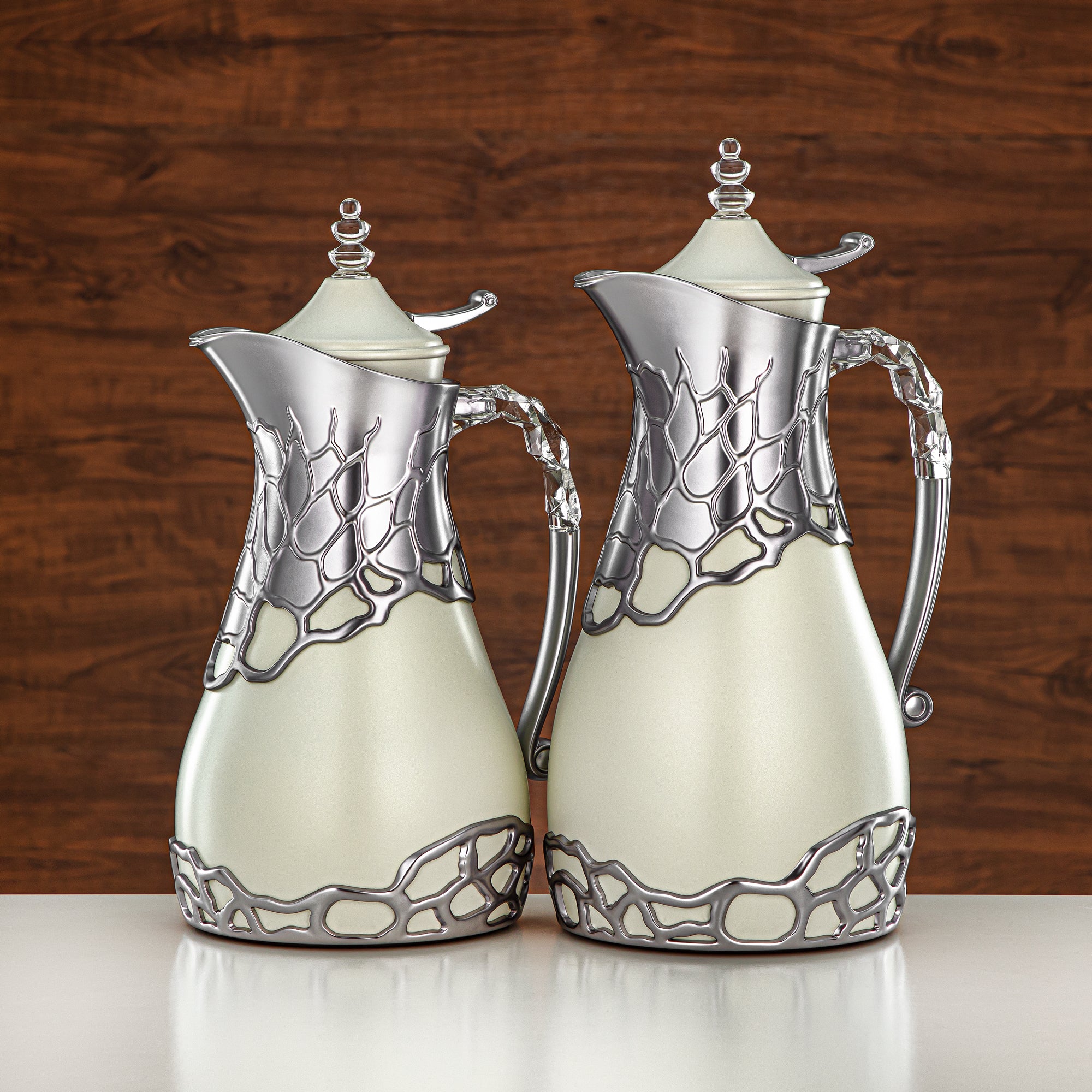 Almarjan Vacuum Flask Set Metal Body 0.7L & 1L ABS & Acrylic Handle (VBC-0700/1000 Q330YZE23) – Ivory & Matte Silver Tea & Coffee Serving