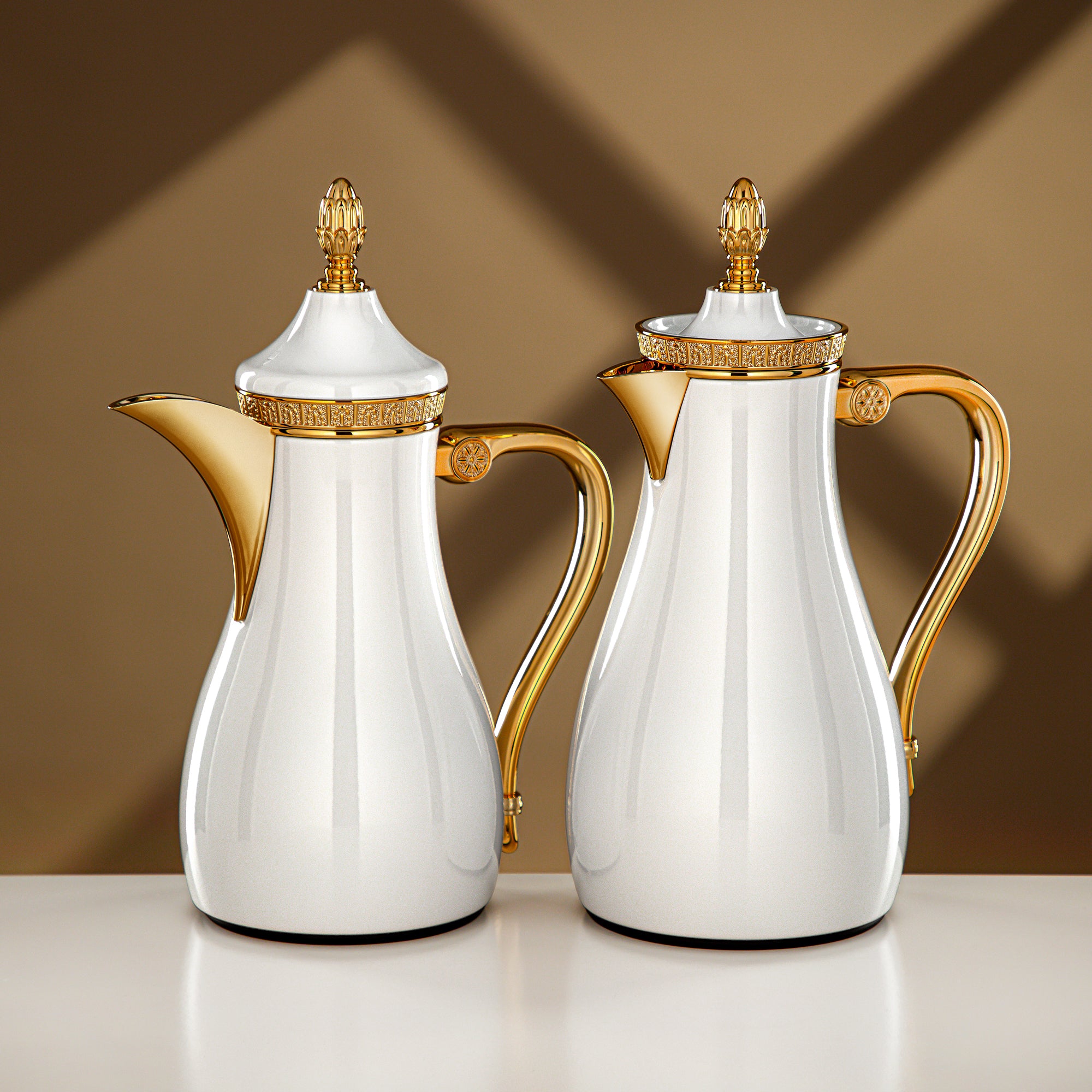 Almarjan Vacuum Flask Set 0.7L + 1L White & Gold