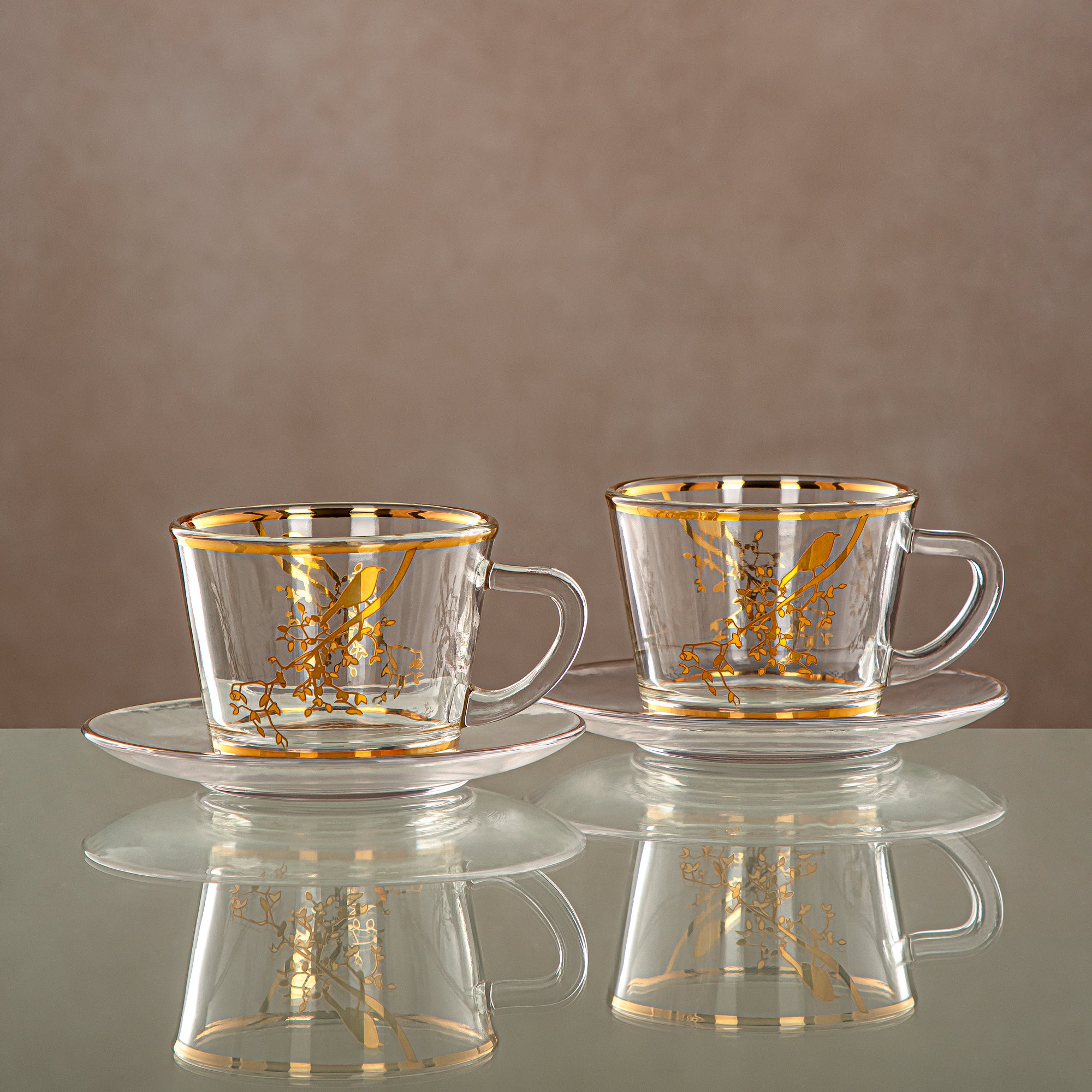 Almarjan Cup & Saucer Set Clear & Gold 6 pieces (1469B-0011P-XQZT-GLD) Gatherings, special occasions, Ramadan, eid