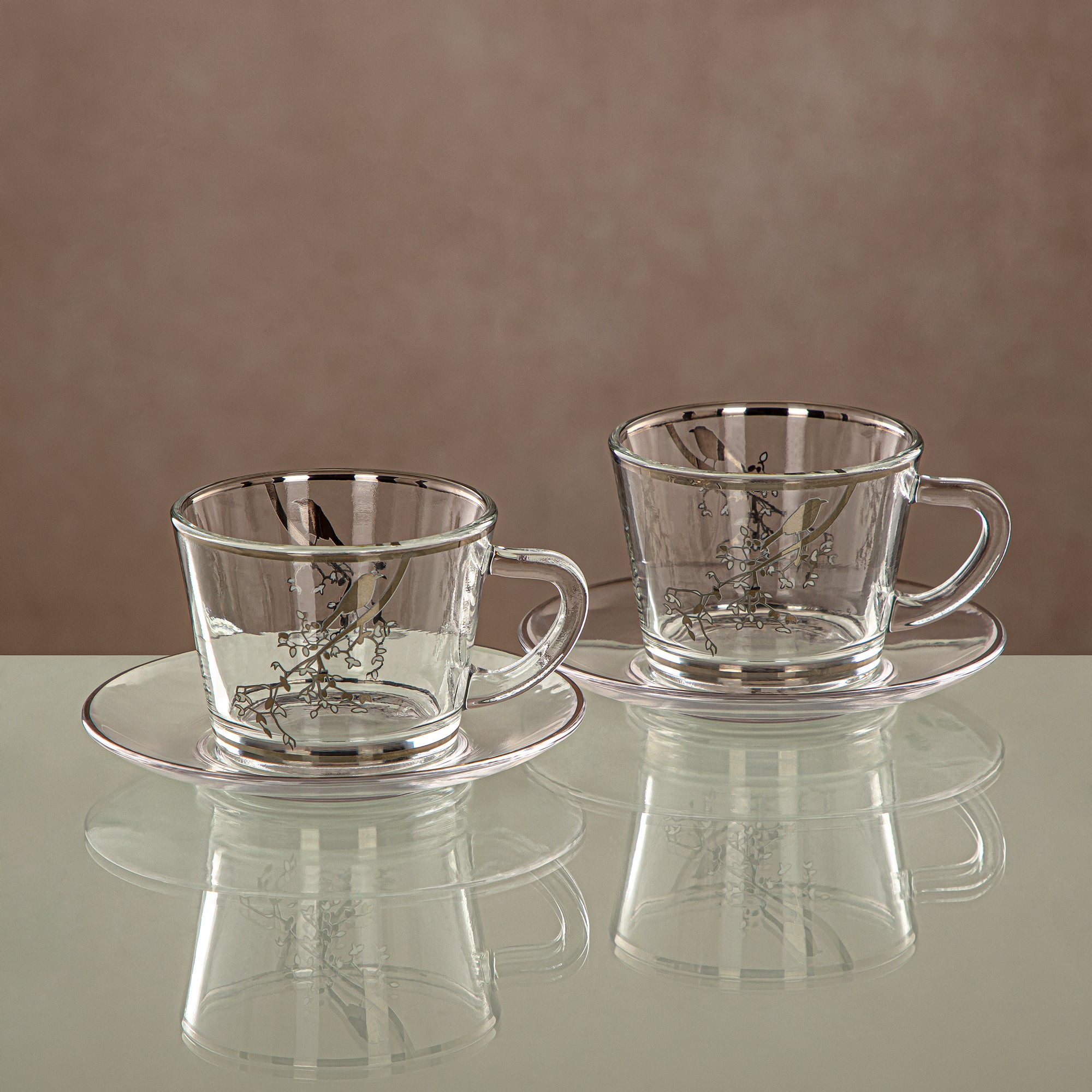 Almarjan Cup & Saucer Set Clear & silver 6 pieces (1469B-0011P-XQZT-SIL) Gatherings, special occasions, Ramadan, eid