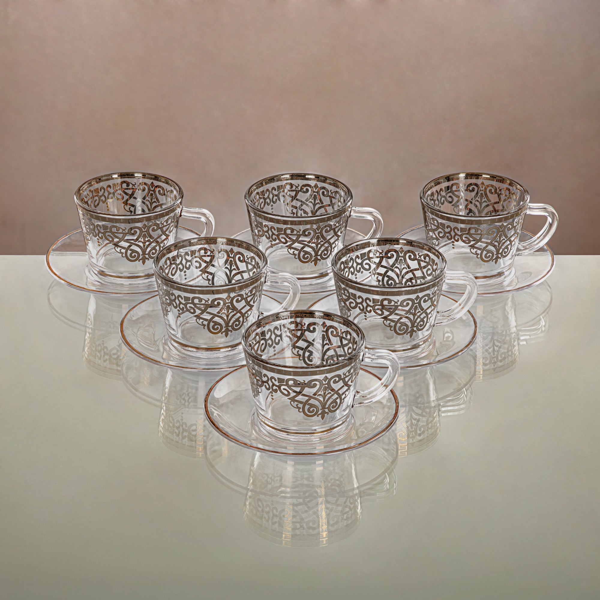 Almarjan Cup & Saucer Set Clear & silver 6 pieces (1469B-0011P-YCS-SIL) Gatherings, special occasions, Ramadan, eid