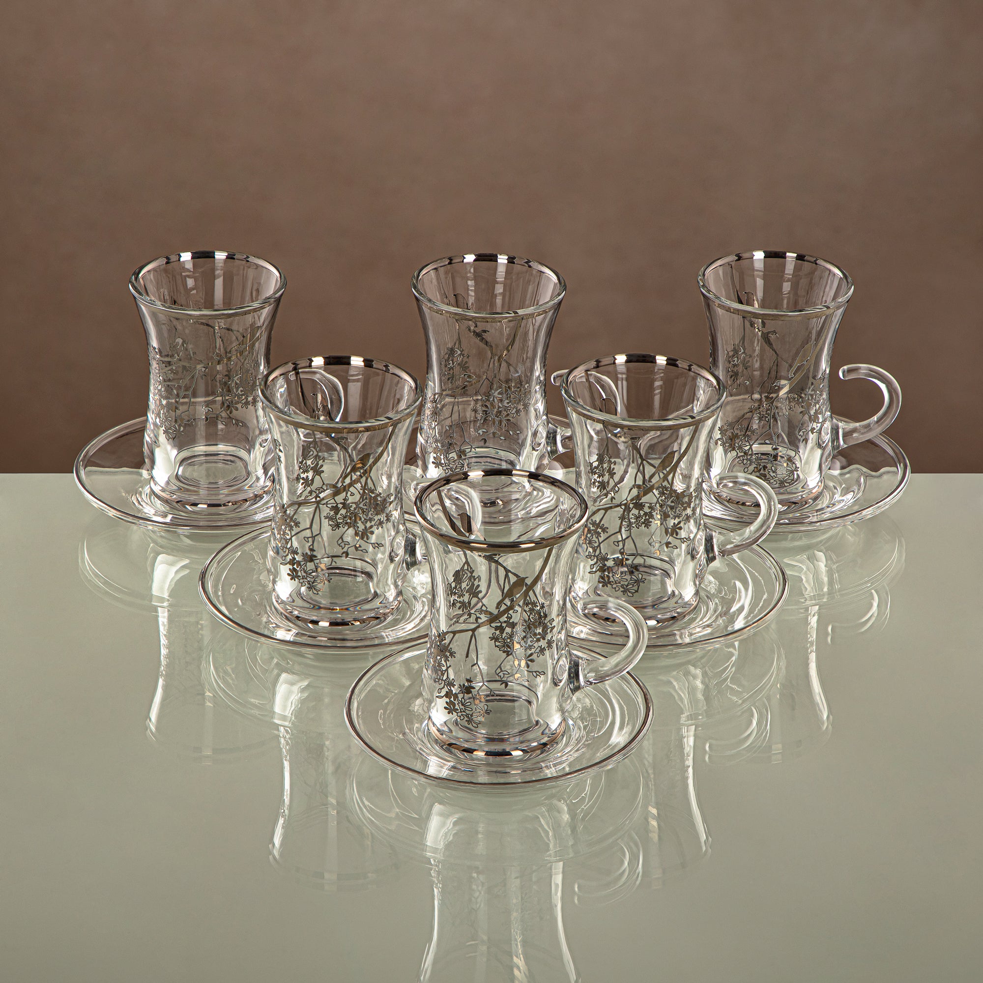 Almarjan Tea Cup & Saucer Set Clear & silver 6 pieces (1496BJ-0001P-XQZT-SIL) Gatherings, special occasions, Ramadan, eid