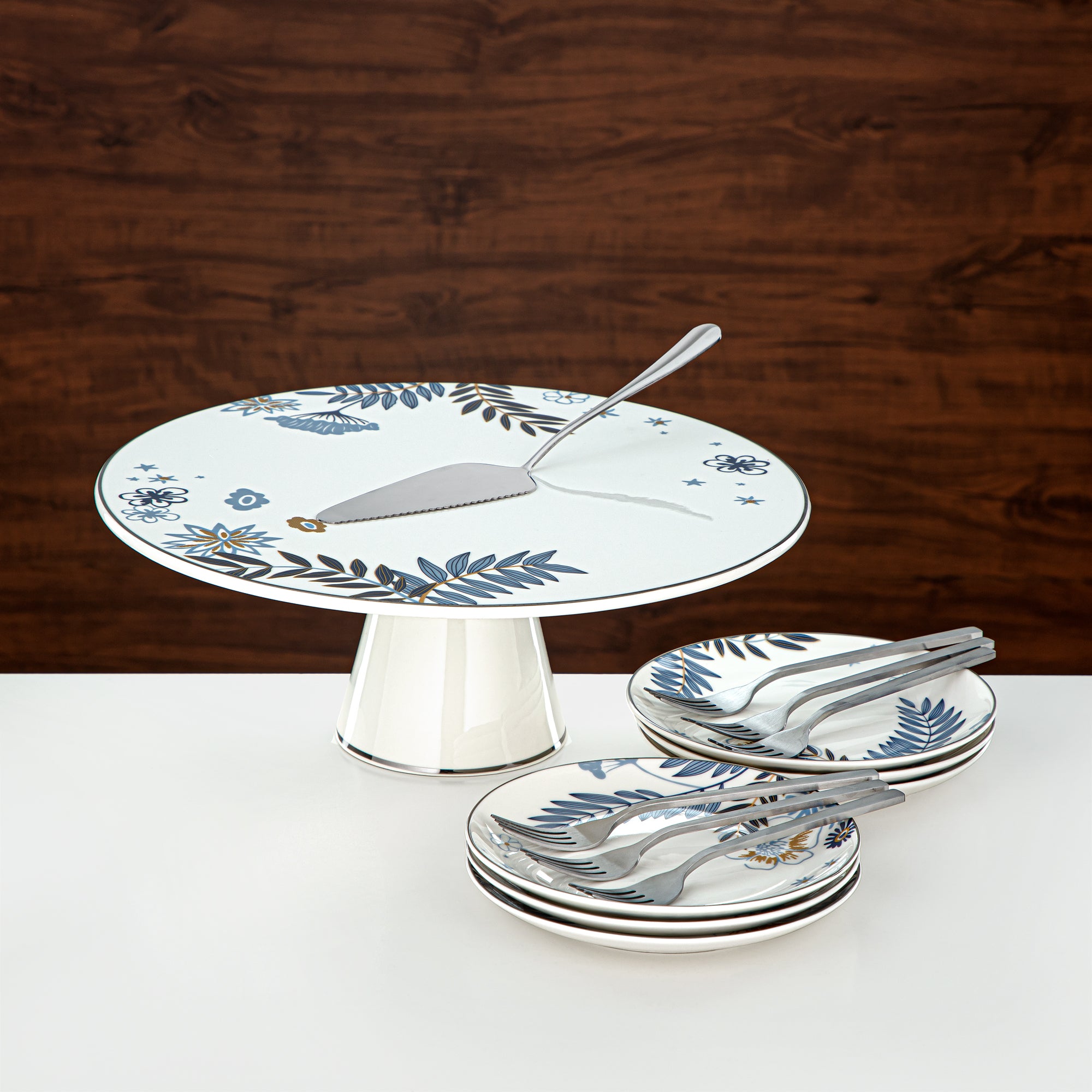 طقم تقديم كعك المرجان بورسلين وستانلس ستيل 14 قطعة (14PCS-12196) – مجموعة الحلويات النباتية الزرقاء