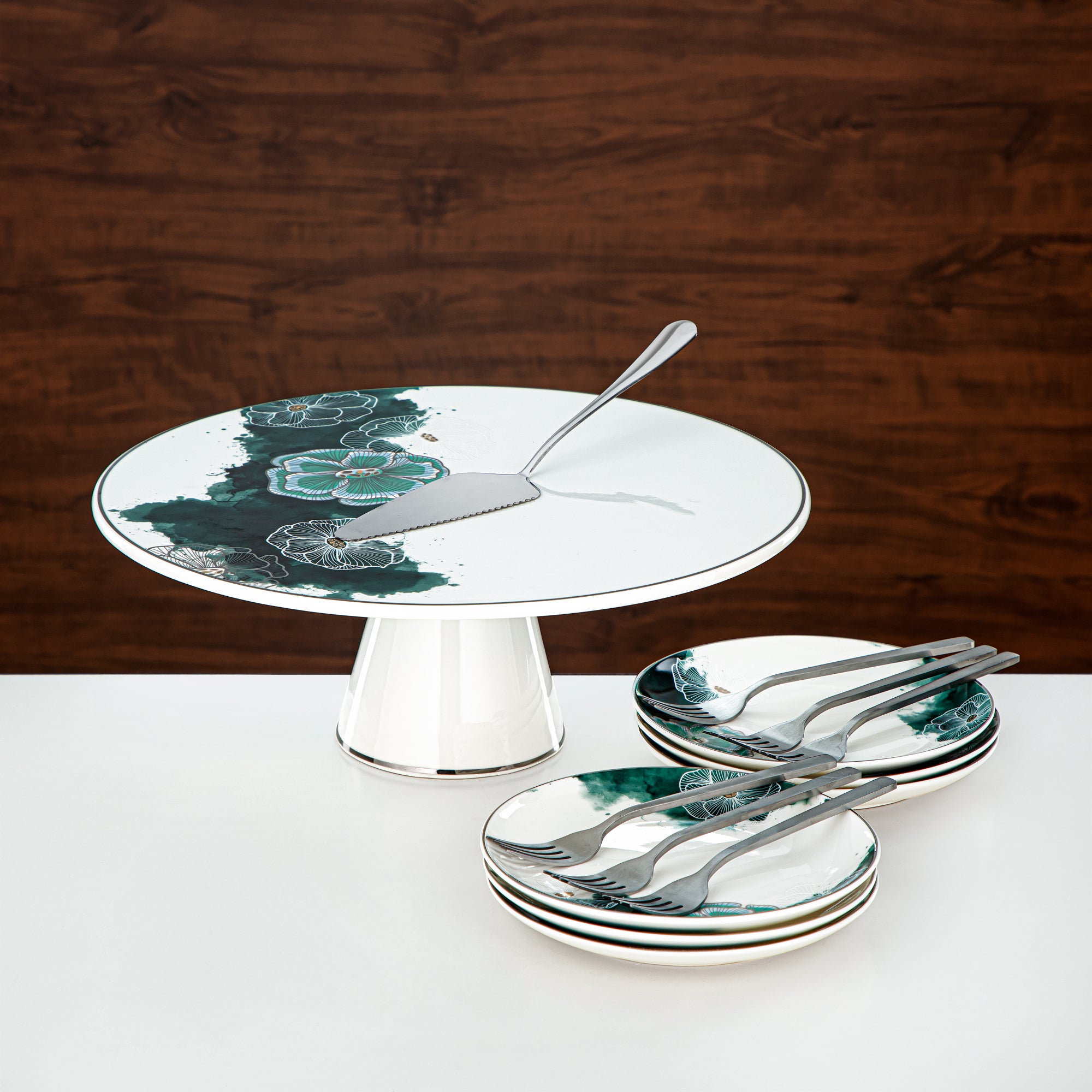 طقم تقديم كعك المرجان بورسلين وستانلس ستيل 14 قطعة (14PCS-12257) – مجموعة حلويات إيميرالد بلوم