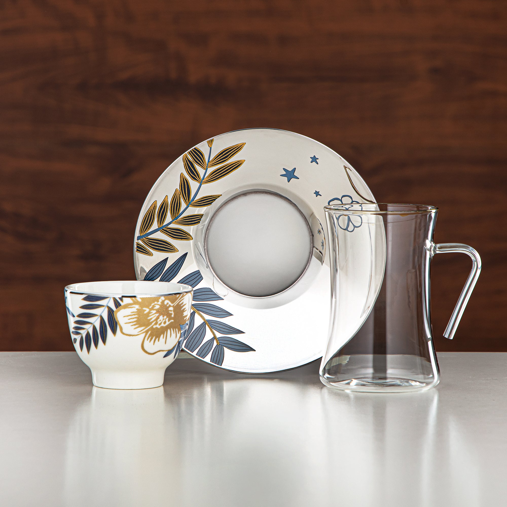 Almarjan Vacuum Flask & Tea Set Matt Silver & Matt Gold 20-Piece (GOK-S-MS-MG + 18PCS-12196-1) – Elegant Serving | Ramadan & Gatherings