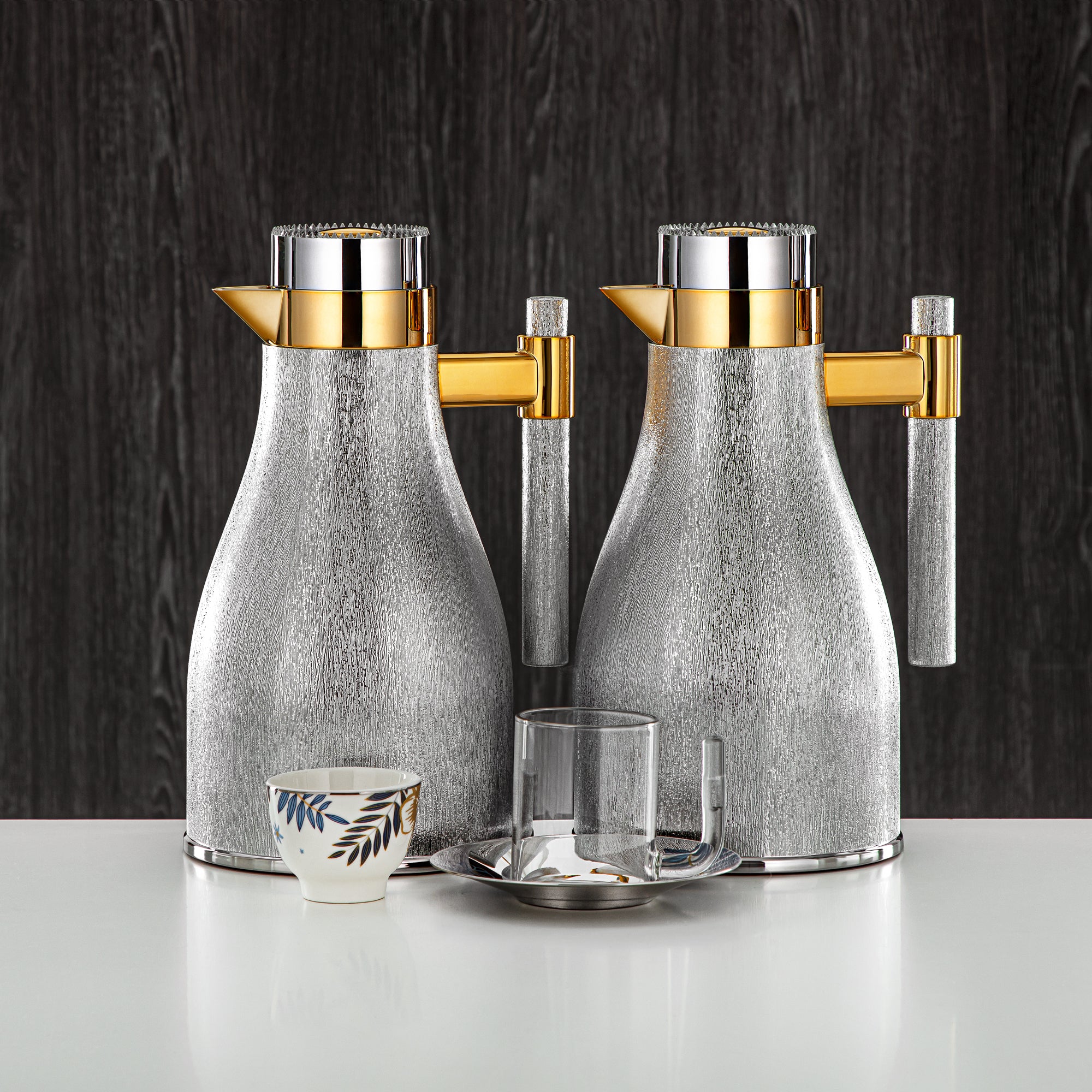 Almarjan Vacuum Flask & Tea Set Silver & Gold 1L + 1L (GOK-S-S-G + 18PCS-12196-2) – Elegant Serving | Ramadan, Eid & Gatherings