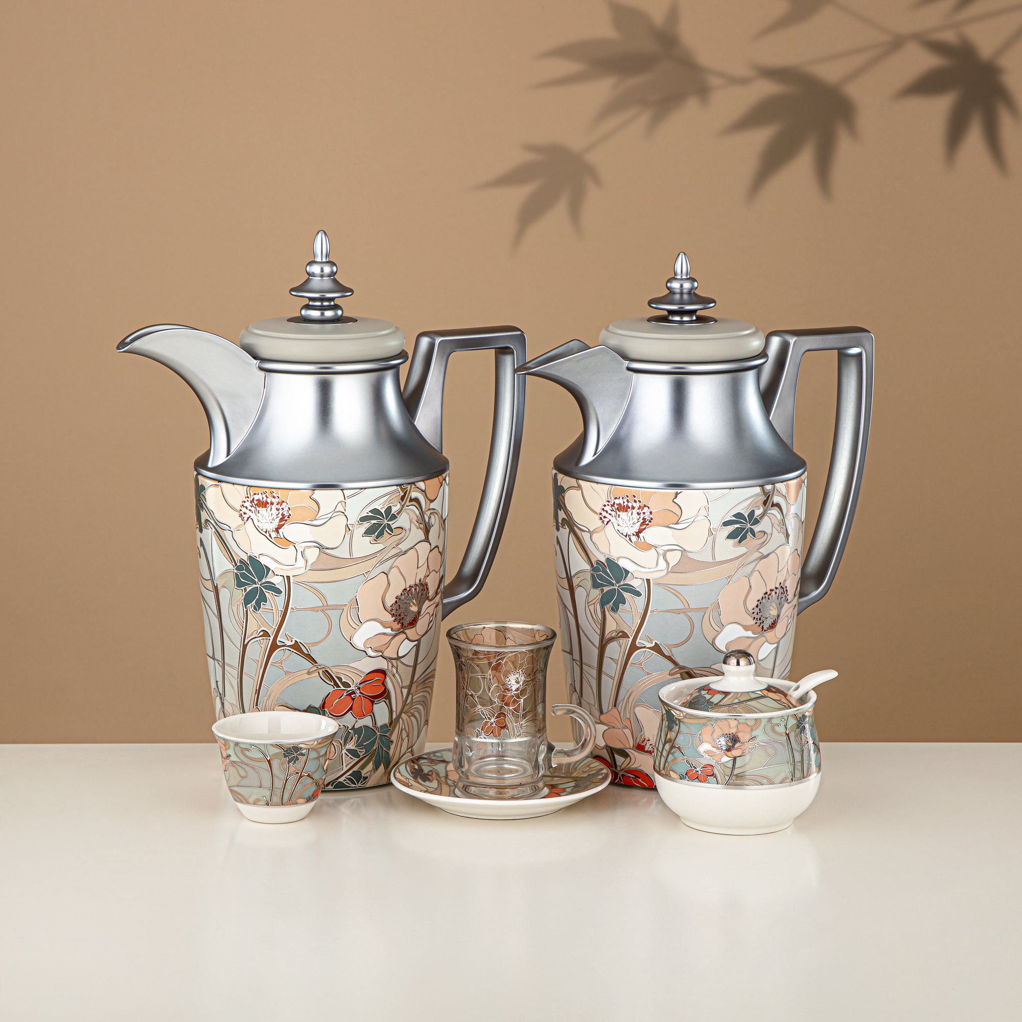 Almarjan Vacuum Flask Set 24 Pieces, 1L + 1L, Floral & Matt Silver (24-JBH-TR-AZ02S) - Tea & Coffee Complete Set