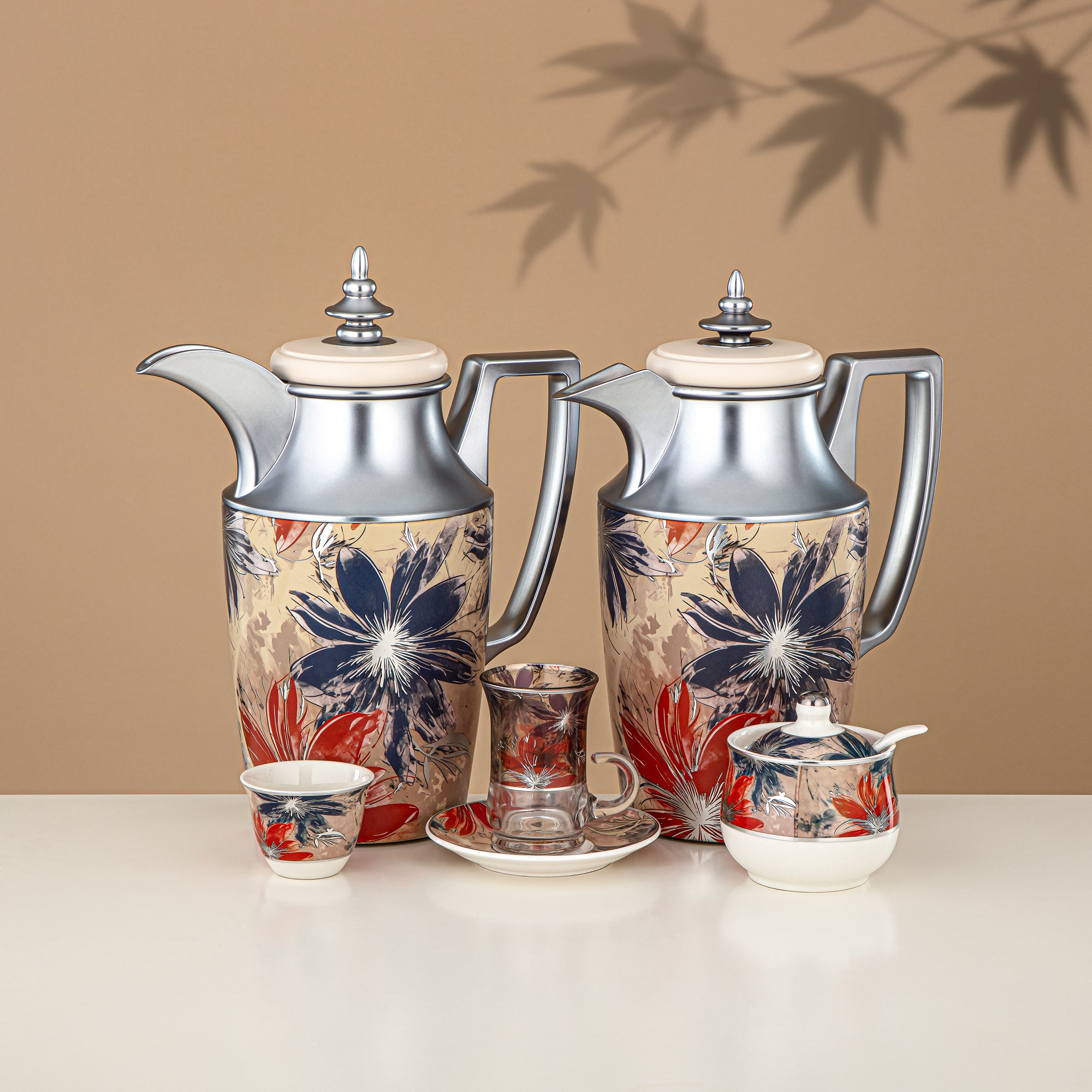 Almarjan Vacuum Flask Set 24 Pieces, 1L + 1L, Floral & Matt Silver (24-JBH-TR-AZ05S) - Tea & Coffee Complete Set