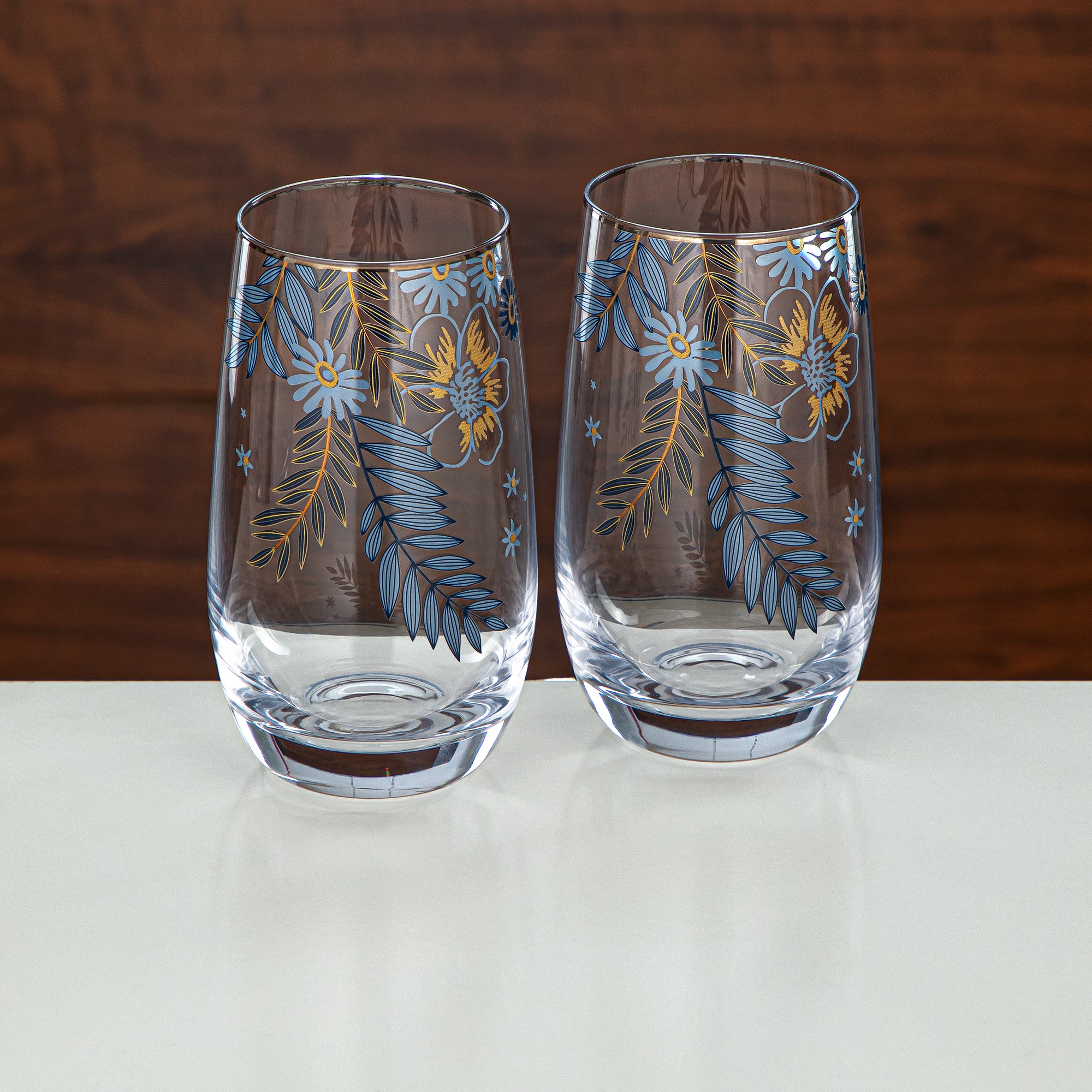 Almarjan Floral Glass Tumbler Set Printed Glass 4 Pieces (8233-5-12196) – Blue Botanical Serveware Collection