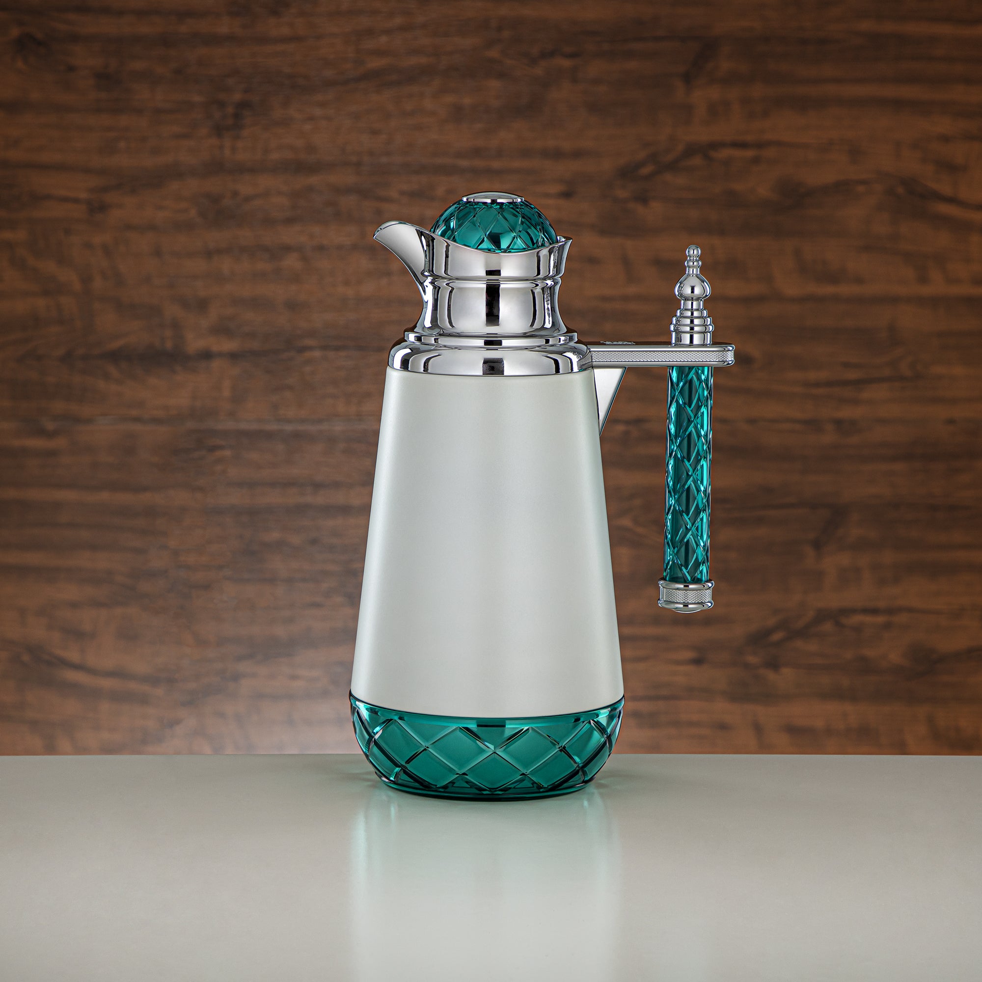 Almarjan Vacuum Flask Set, Push Button, Acrylic Handle - 0.7L + 1L, White, Silver & Green (CBY+CBZ-WGC) - Classic Vacuum Flasks