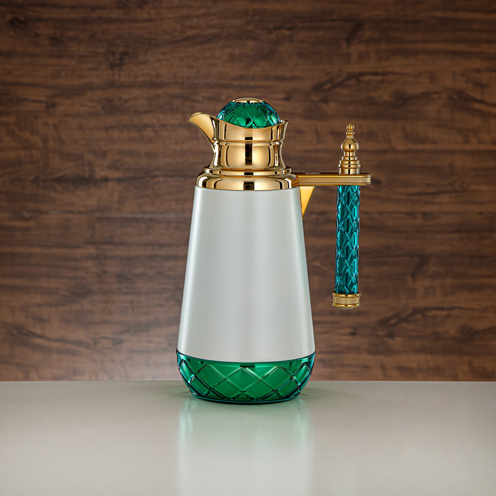 Almarjan Vacuum Flask Set, Push Button, Acrylic Handle - 0.7L + 1L, White, Gold & Green (CBY+CBZ-WGG) - Classic Vacuum Flasks