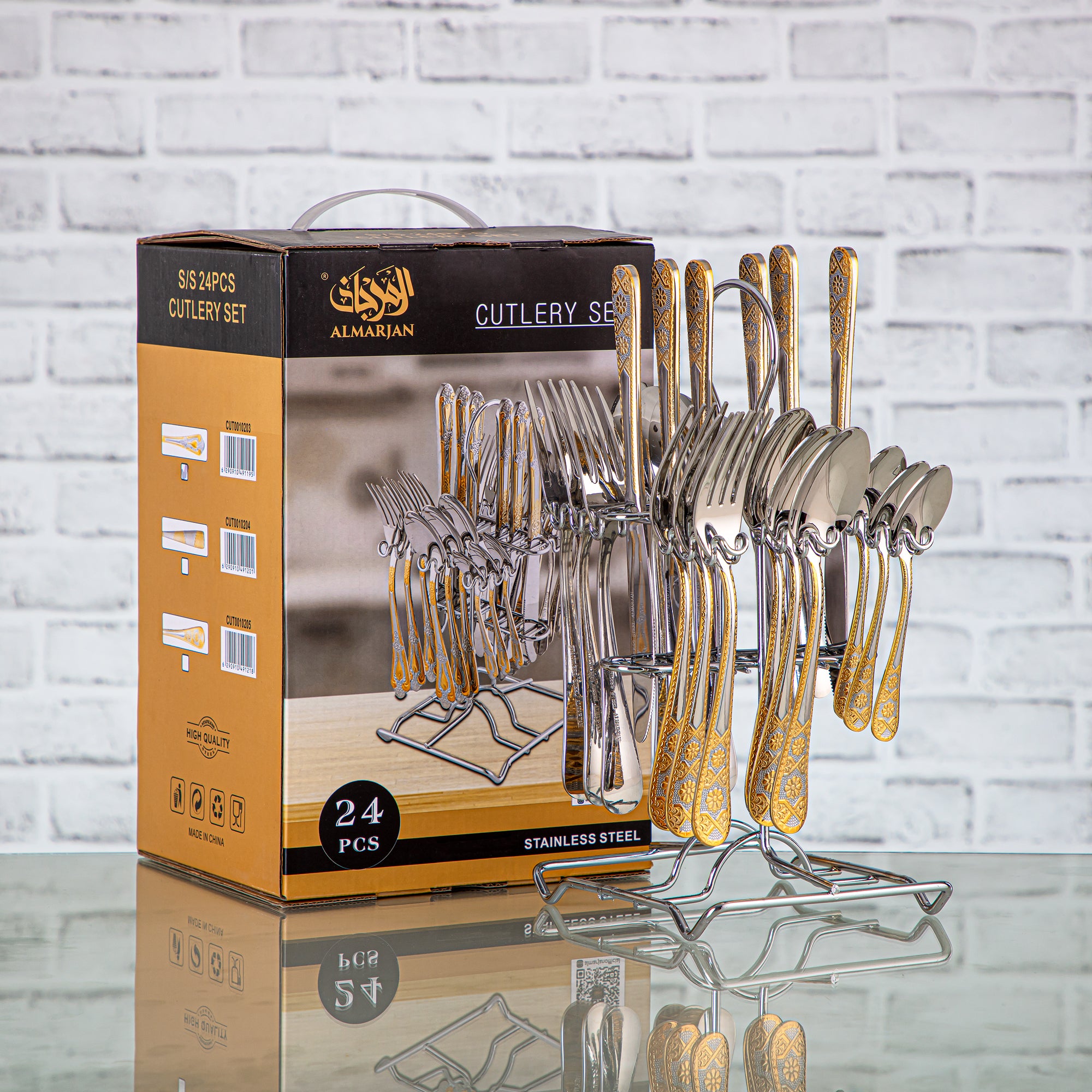 Almarjan 24 Pieces Stainless Steel Cutlery Set With Holder Silver & Gold - CUT0010205