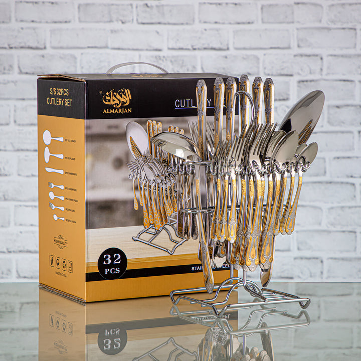 Almarjan 32 Pieces Stainless Steel Cutlery Set With Holder Silver & Gold - CUT0010206