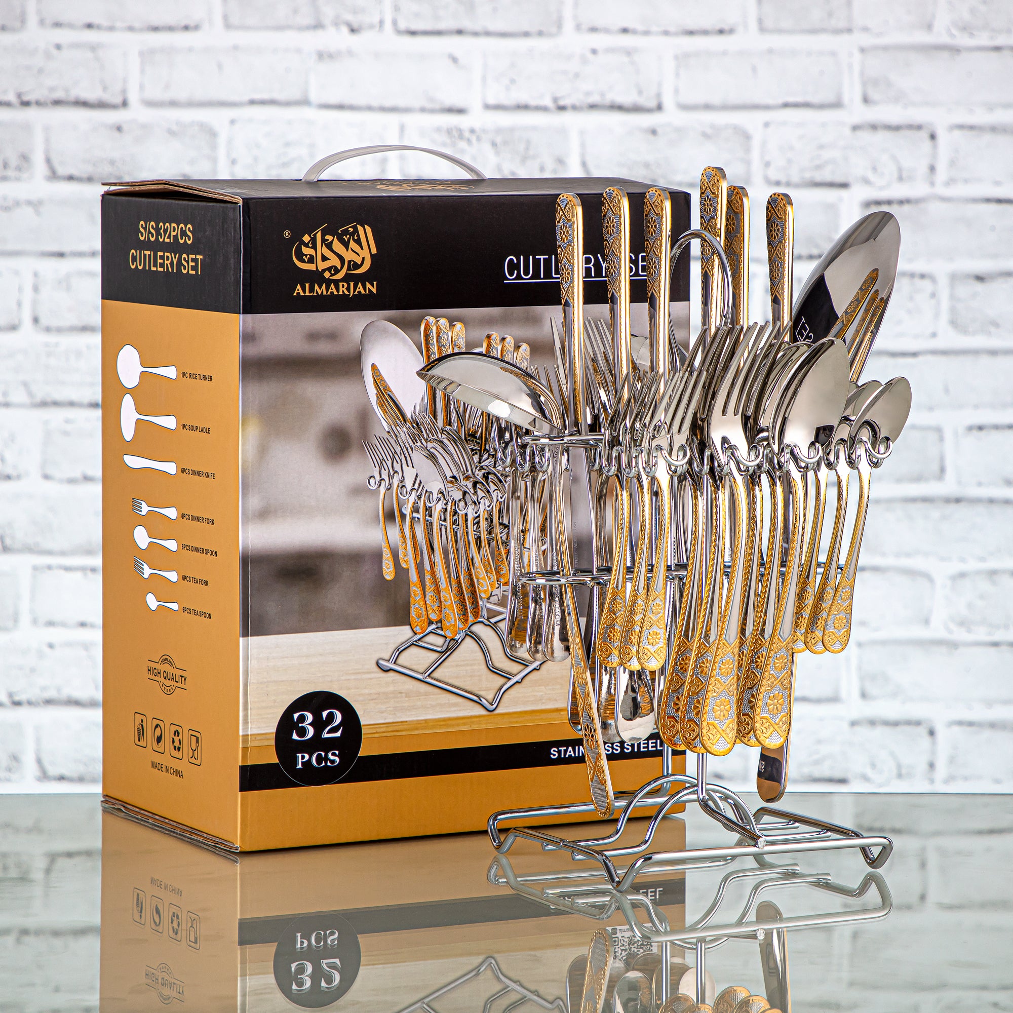 Almarjan 32 Pieces Stainless Steel Cutlery Set With Holder Silver & Gold - CUT0010208