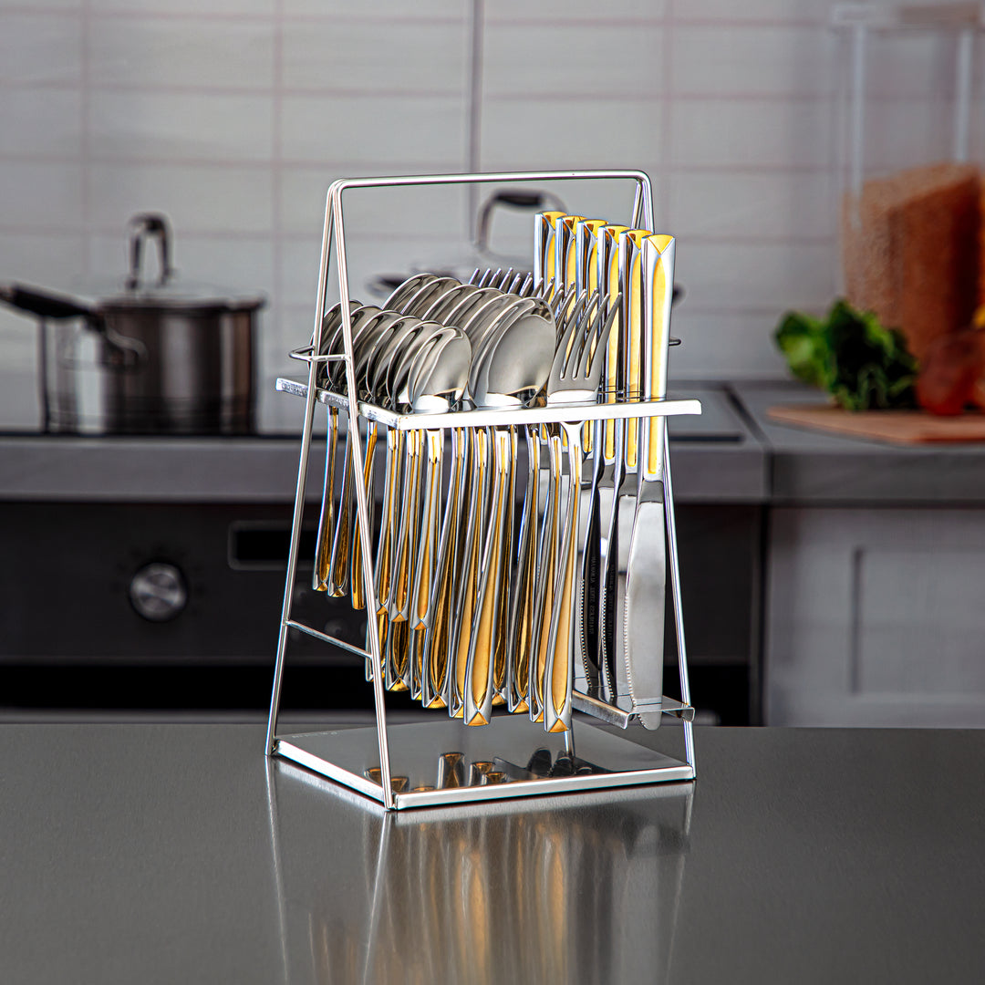 Almarjan 24 Pieces Stainless Steel Cutlery Set With Holder Silver & Gold - CUT0010234