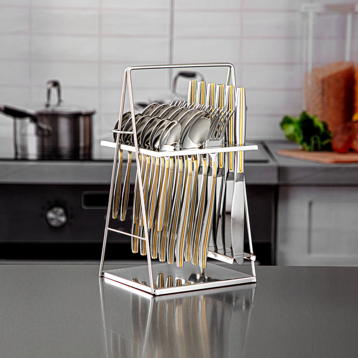Almarjan 24 Pieces Stainless Steel Cutlery Set With Holder Silver & Gold - CUT0010235
