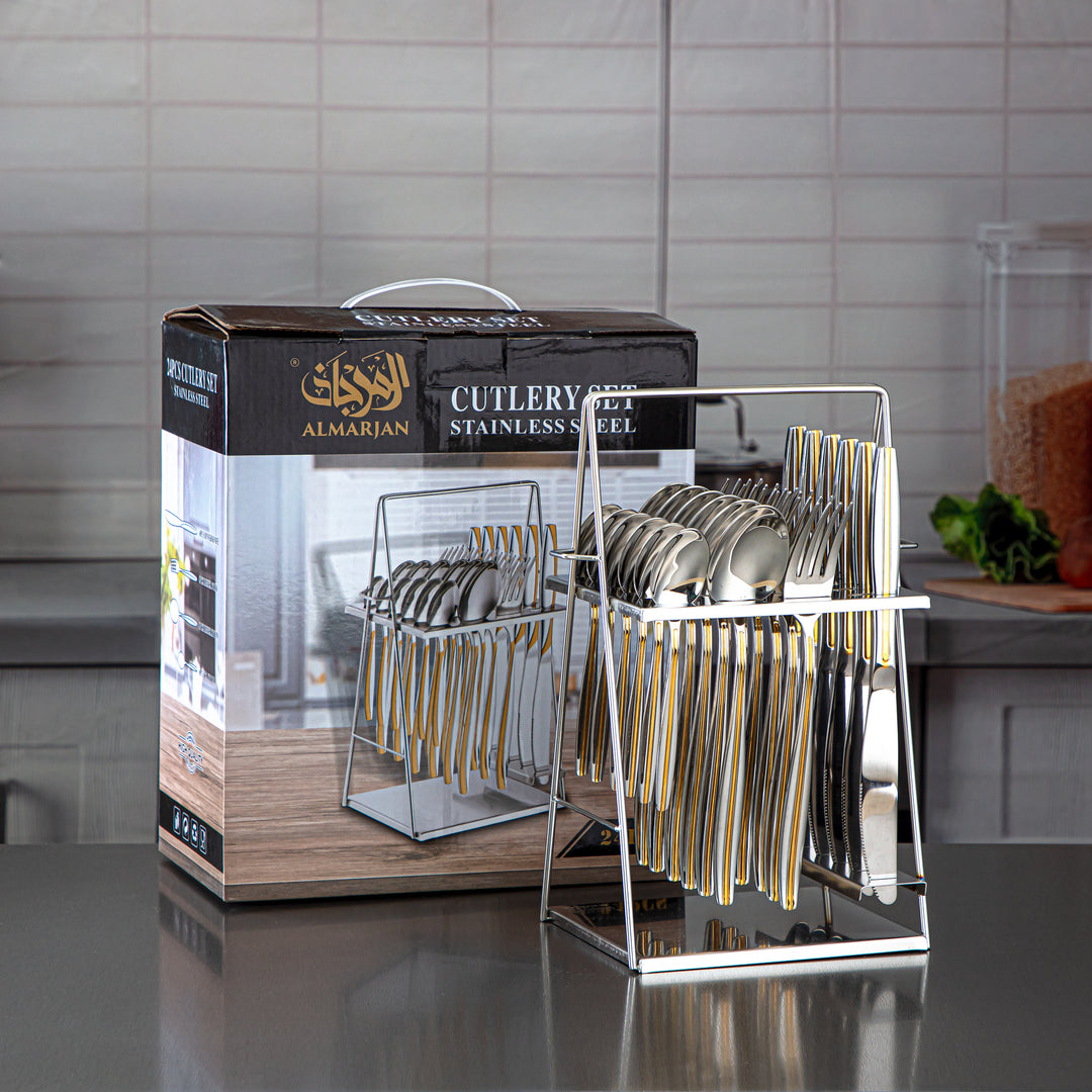 Almarjan 24 Pieces Stainless Steel Cutlery Set With Holder Silver & Gold - CUT0010235