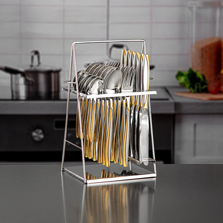 Almarjan 24 Pieces Stainless Steel Cutlery Set With Holder Silver & Gold - CUT0010236