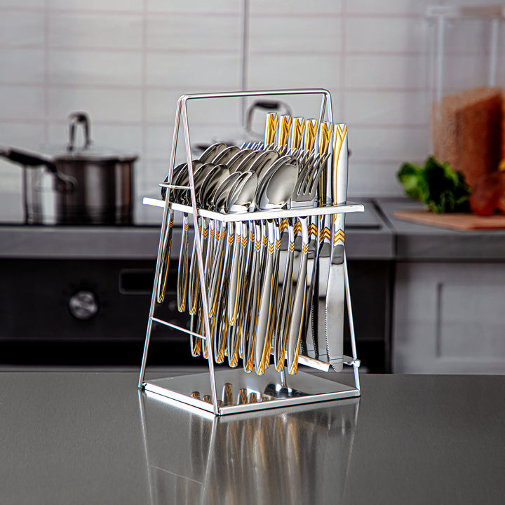 Almarjan 24 Pieces Stainless Steel Cutlery Set With Holder Silver & Gold - CUT0010237