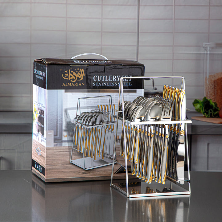 Almarjan 24 Pieces Stainless Steel Cutlery Set With Holder Silver & Gold - CUT0010237