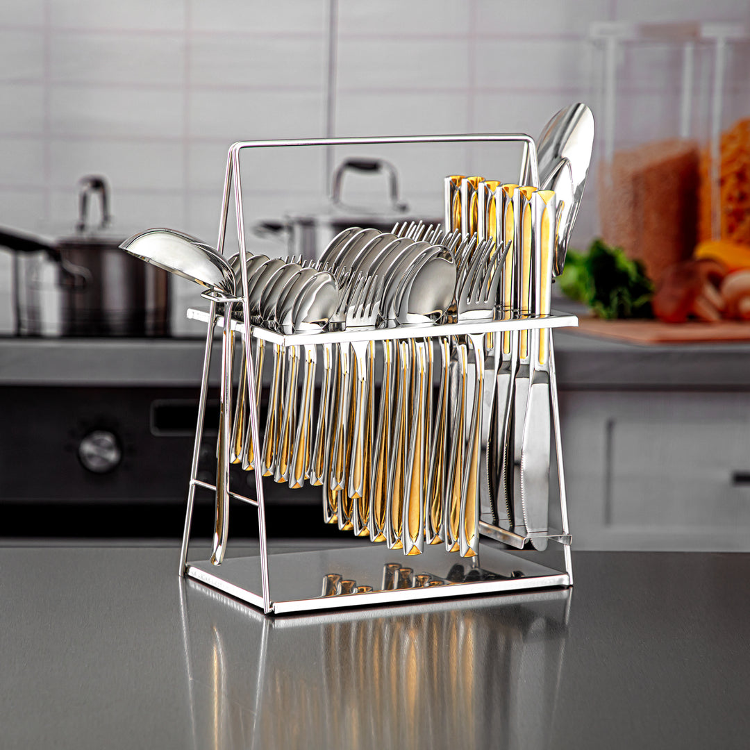 Almarjan 32 Pieces Stainless Steel Cutlery Set With Holder Silver & Gold - CUT0010238