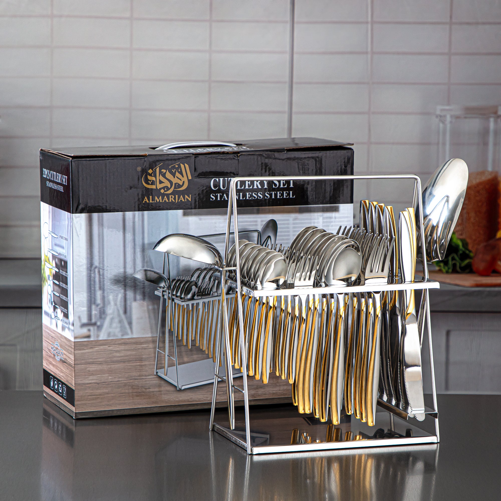 Almarjan 32 Pieces Stainless Steel Cutlery Set With Holder Silver & Gold - CUT0010240