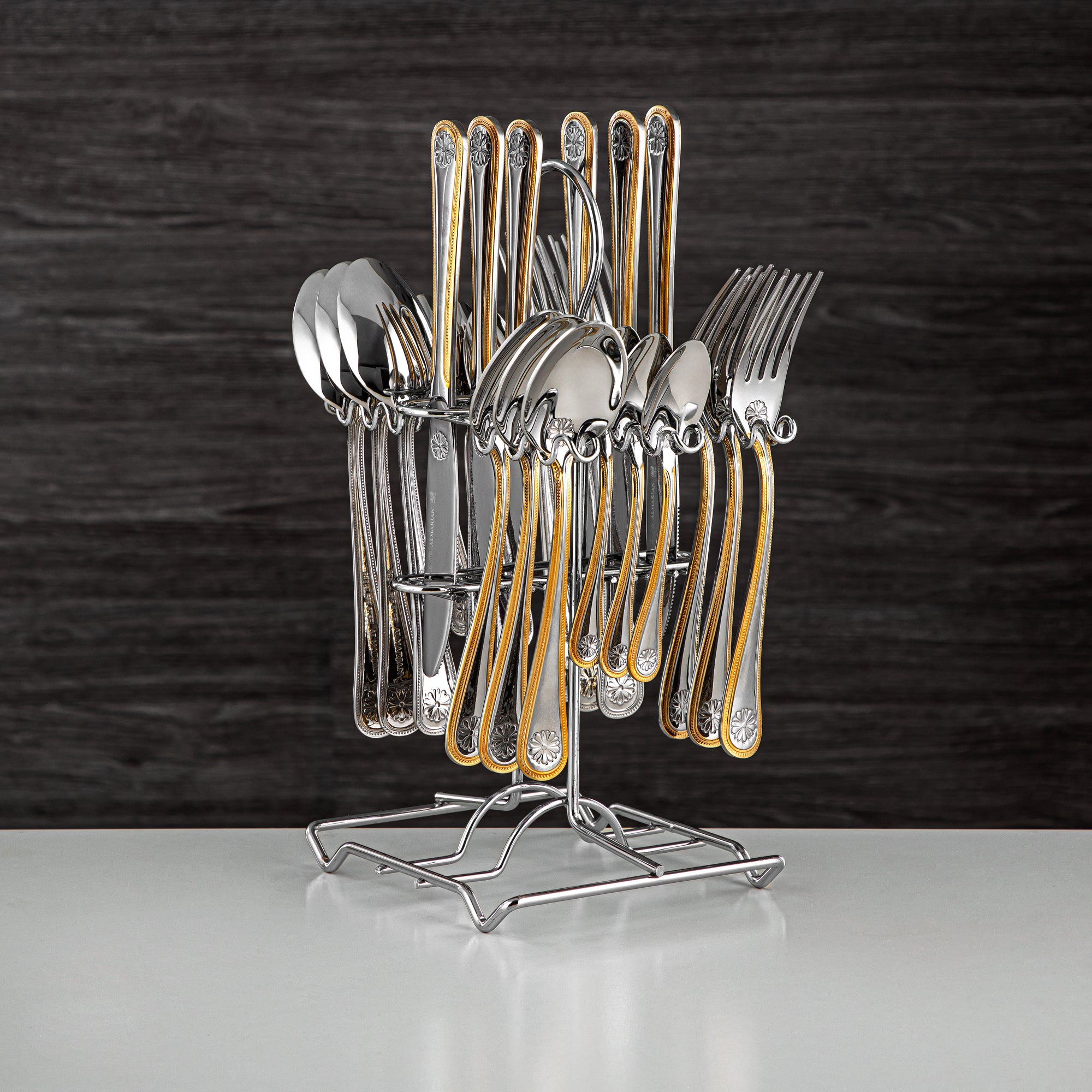 Almarjan Cutlery Set 24 Pieces, Stainless Steel, With Stand, Silver & Gold (CUT0010351) Elegant Cutlery Set