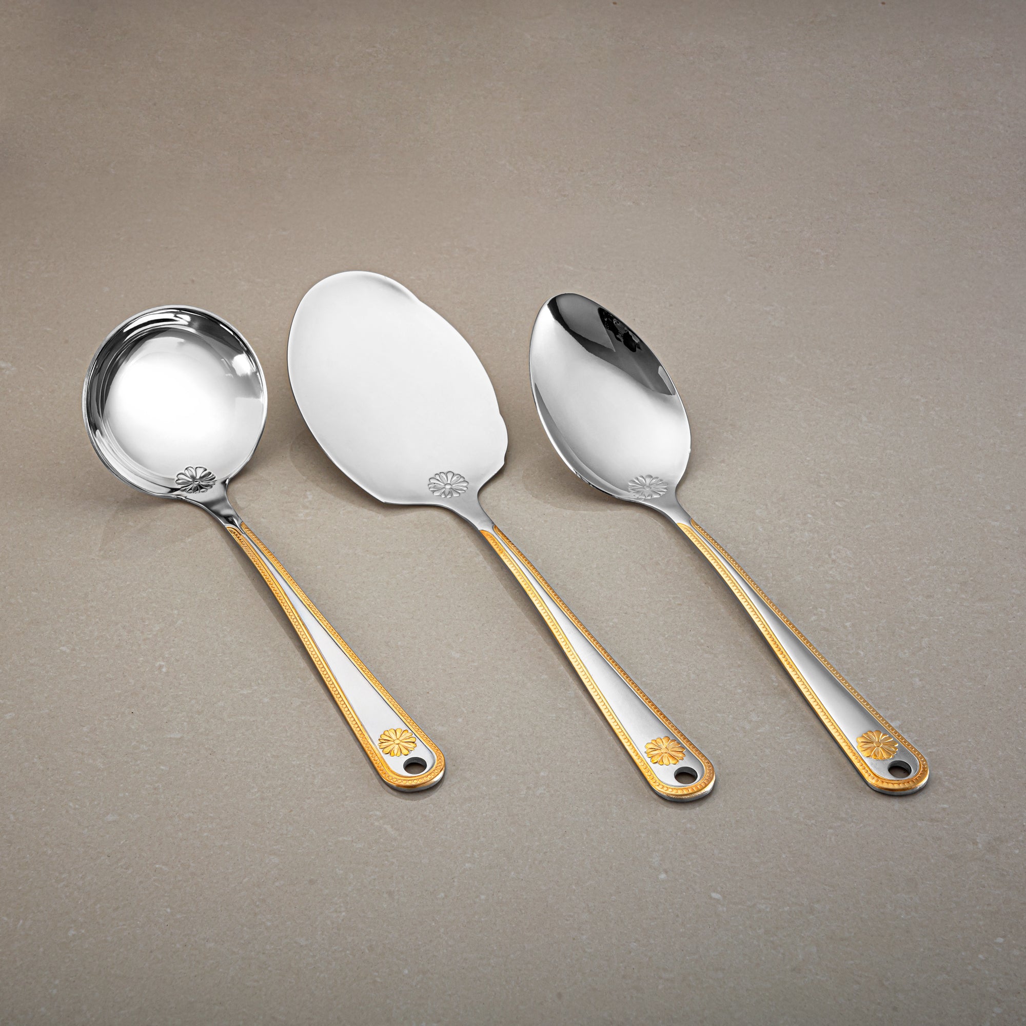 Almarjan Kitchen Tool Set 7 Pieces, Stainless Steel, With Stand, Silver & Gold (CUT0010382) Elegant Flatware