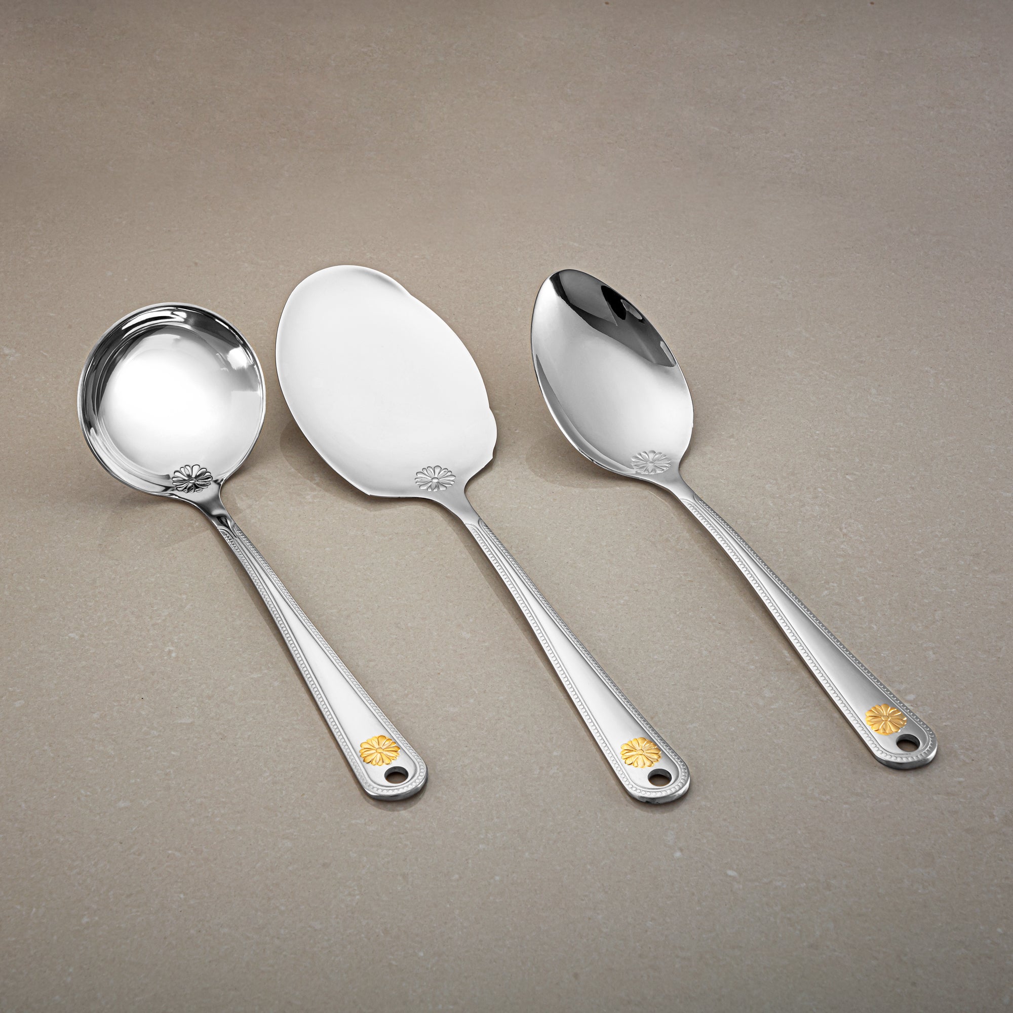 Almarjan Kitchen Tool Set 7 Pieces, Stainless Steel, With Stand, Silver & Gold (CUT0010384) Elegant Flatware