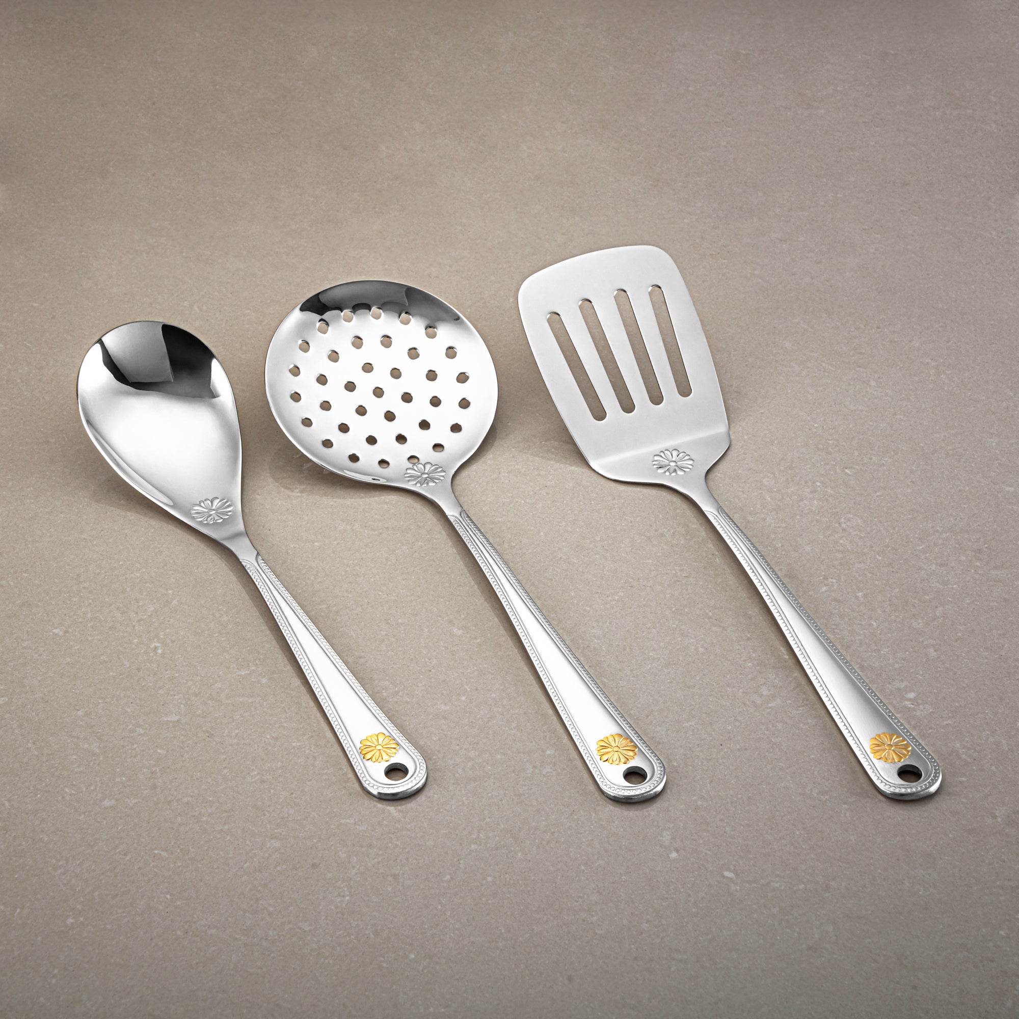 Almarjan Kitchen Tool Set 7 Pieces, Stainless Steel, With Stand, Silver & Gold (CUT0010384) Elegant Flatware