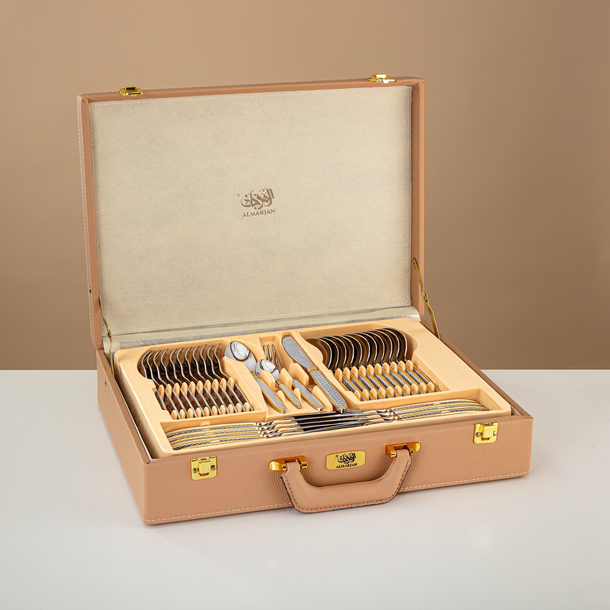 Almarjan Cutlery Set 72 Pieces, Stainless Steel, Leather Case, Silver & Gold (CUT0010431) Elegant Cutlery Set