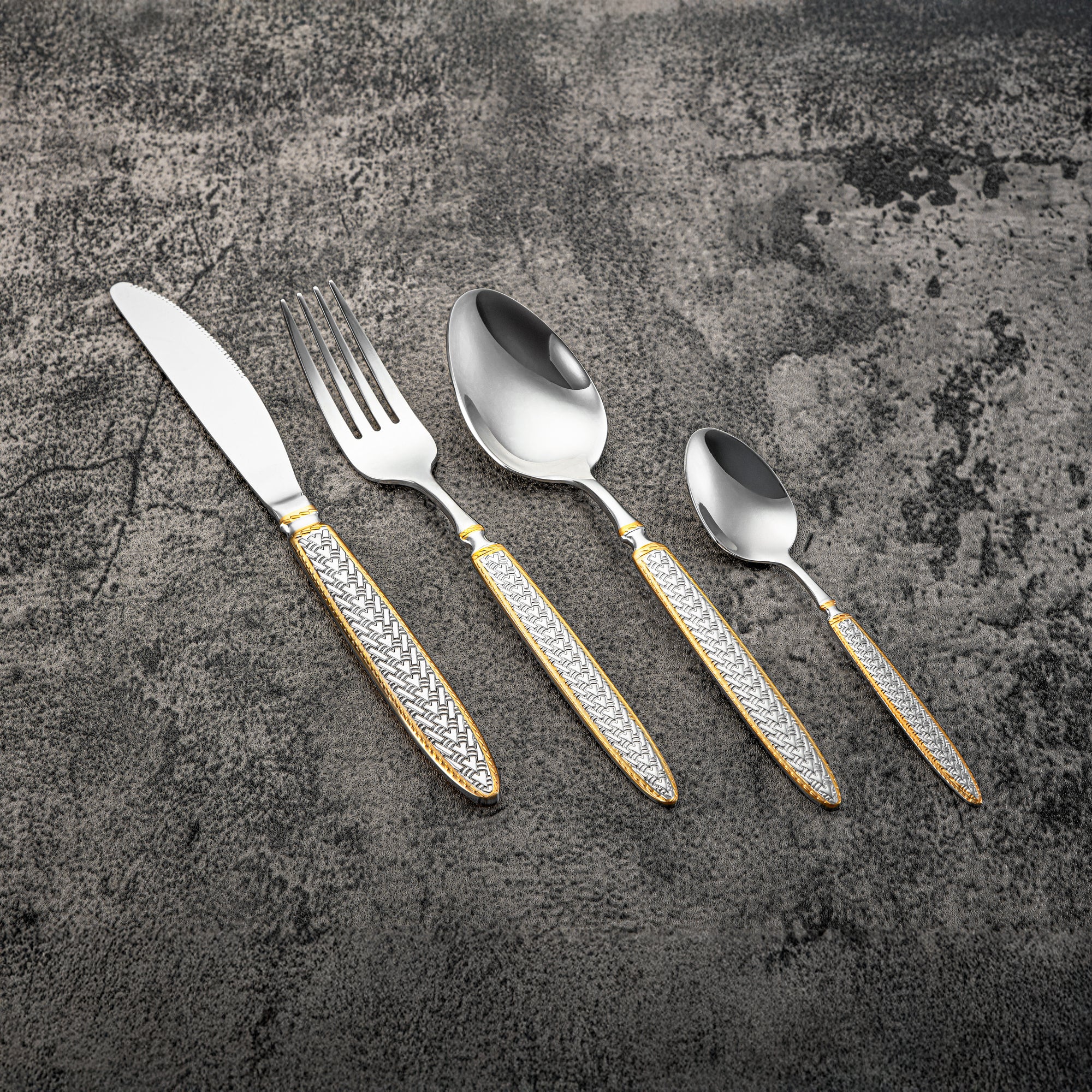 Almarjan Cutlery Set 24 Pieces, Stainless Steel, With Stand, Silver & Gold (CUT0010439) Elegant Cutlery Set