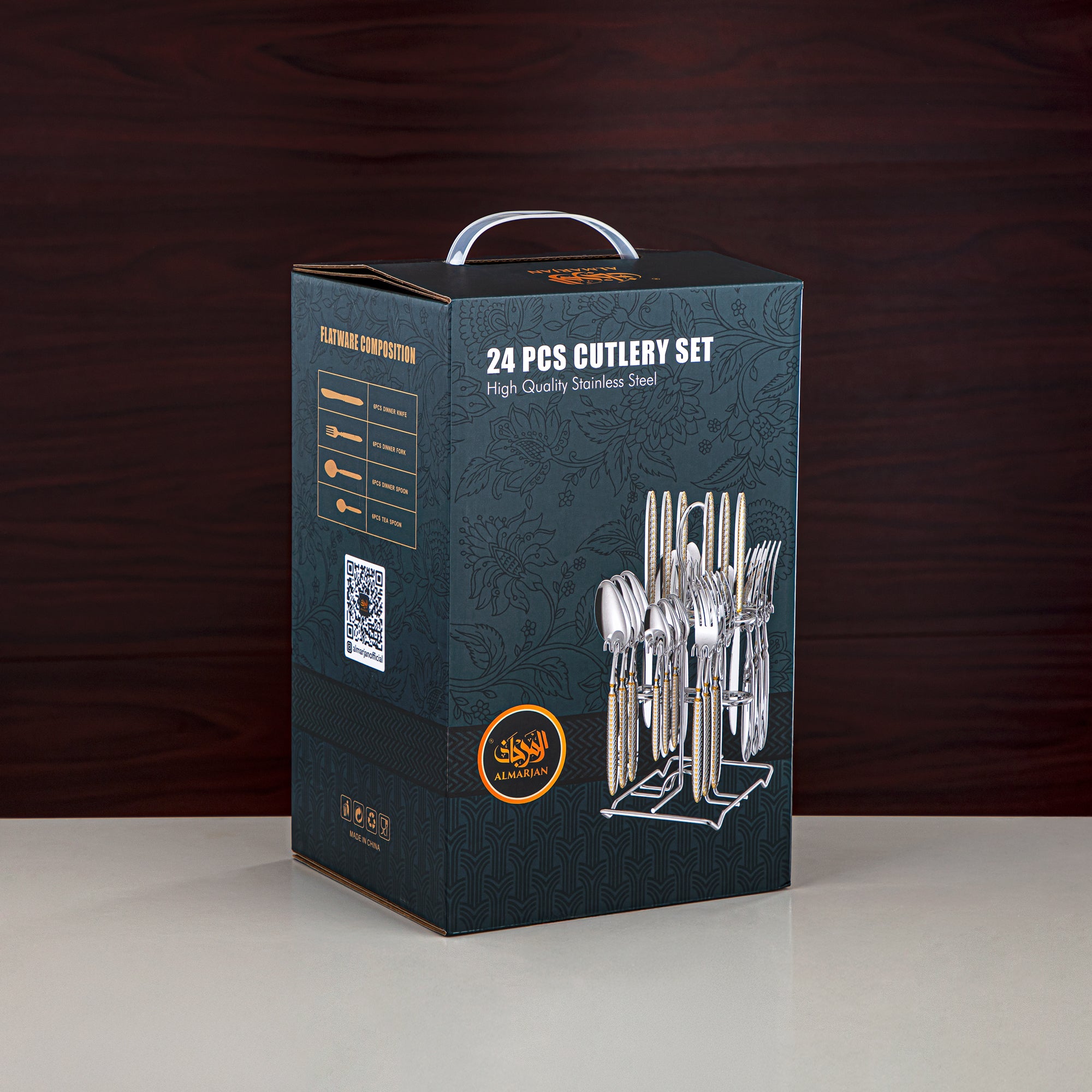 Almarjan Cutlery Set 24 Pieces, Stainless Steel, With Stand, Silver & Gold (CUT0010440) Elegant Cutlery Set