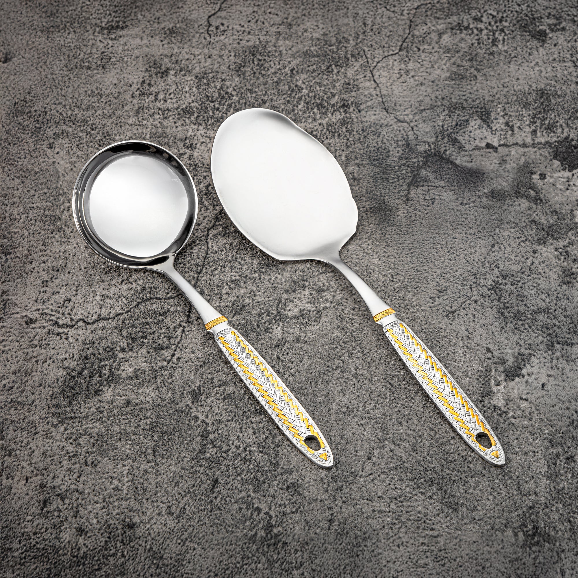 طقم أدوات مائدة المرجان 32 قطعة، ستانلس ستيل، مع حامل، فضي وذهبي (CUT0010448) طقم أدوات مائدة أنيق