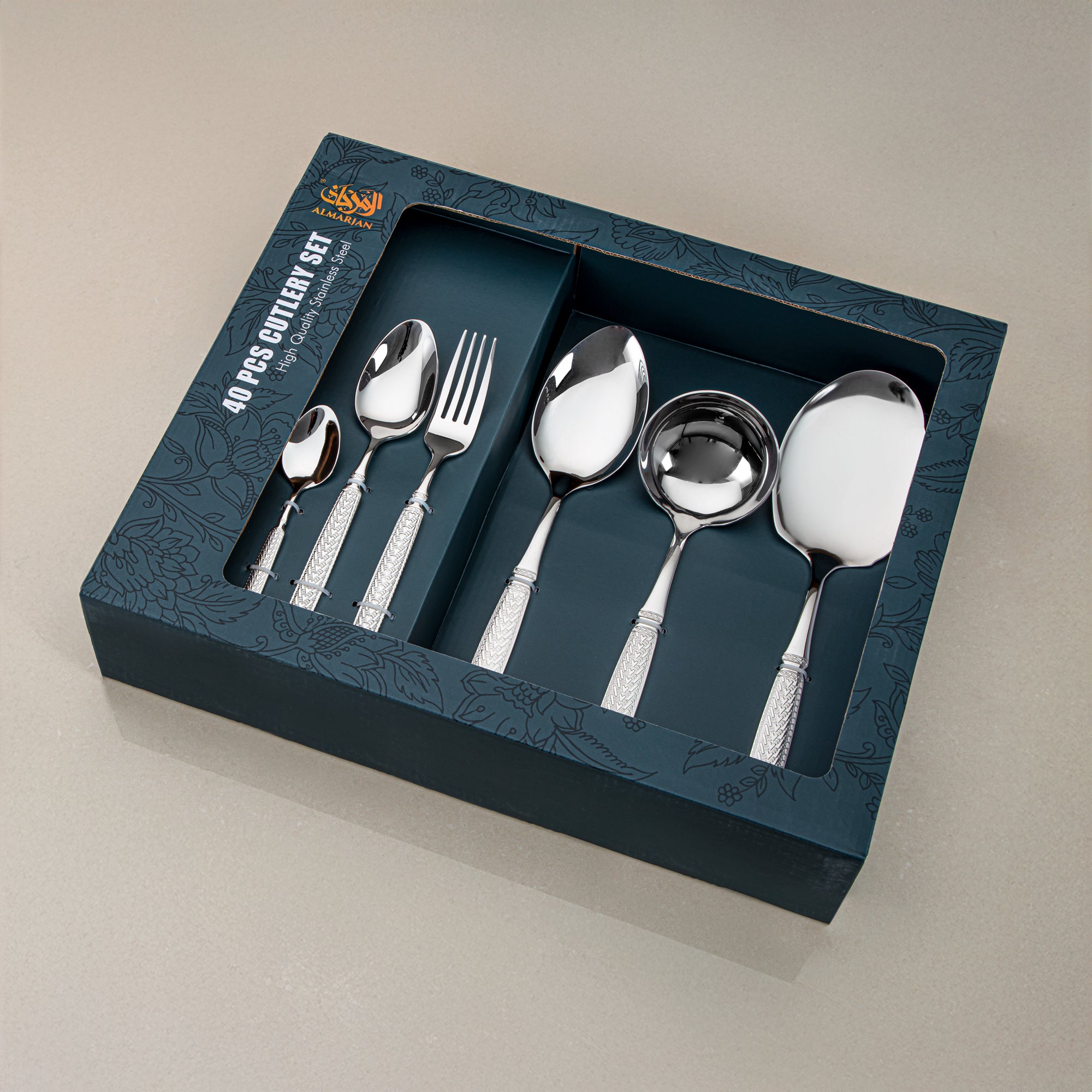 Almarjan Cutlery Set 40 Pieces, Stainless Steel, Silver (CUT0010465) Elegant Cutlery Set