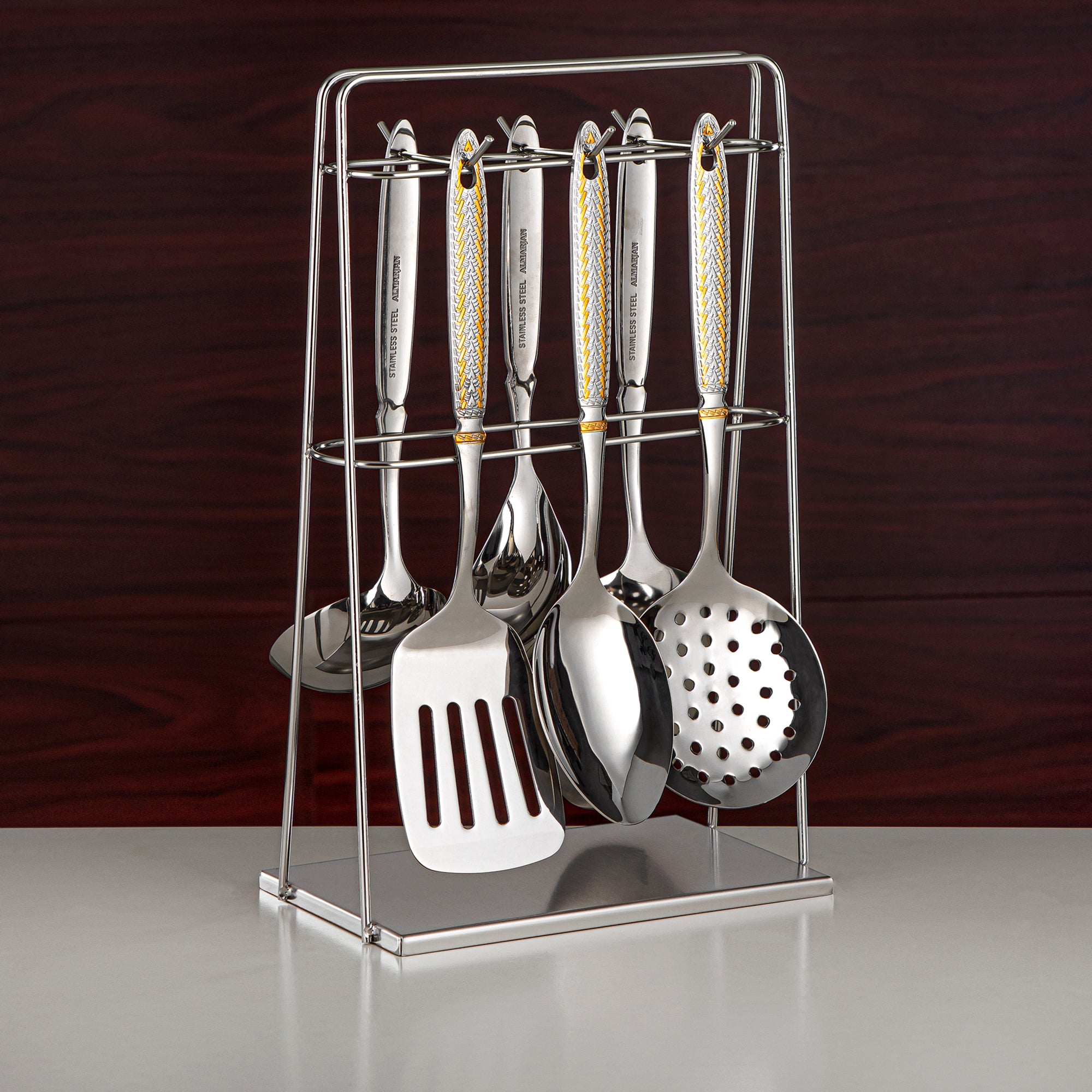 Almarjan Kitchen Tool Set 7 Pieces, Stainless Steel, With Stand, Silver & Gold (CUT0010471) Elegant Flatware