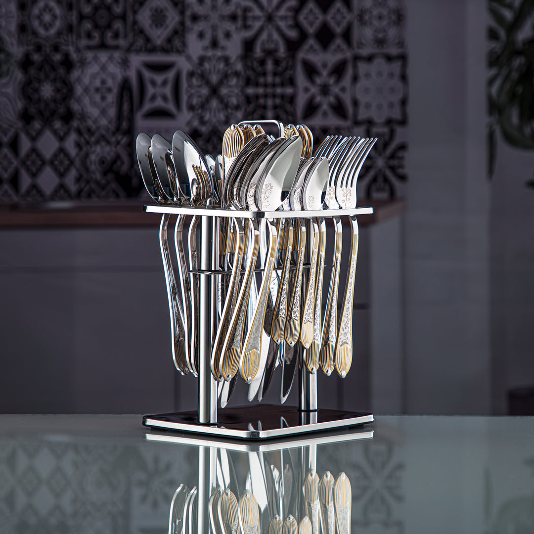 Almarjan 24 Pieces Stainless Steel Cutlery Set With Holder Silver & Gold - DA064GLE013/24