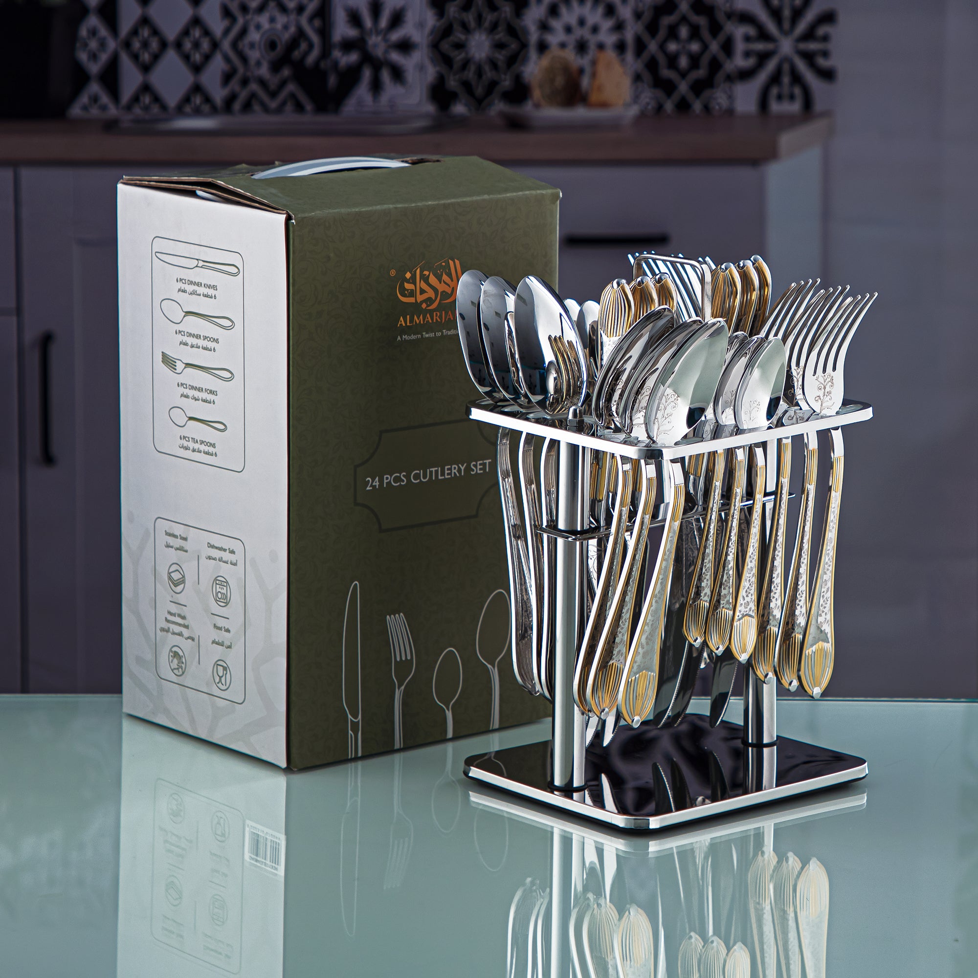 Almarjan 24 Pieces Stainless Steel Cutlery Set With Holder Silver & Gold - DA064GLE013/24