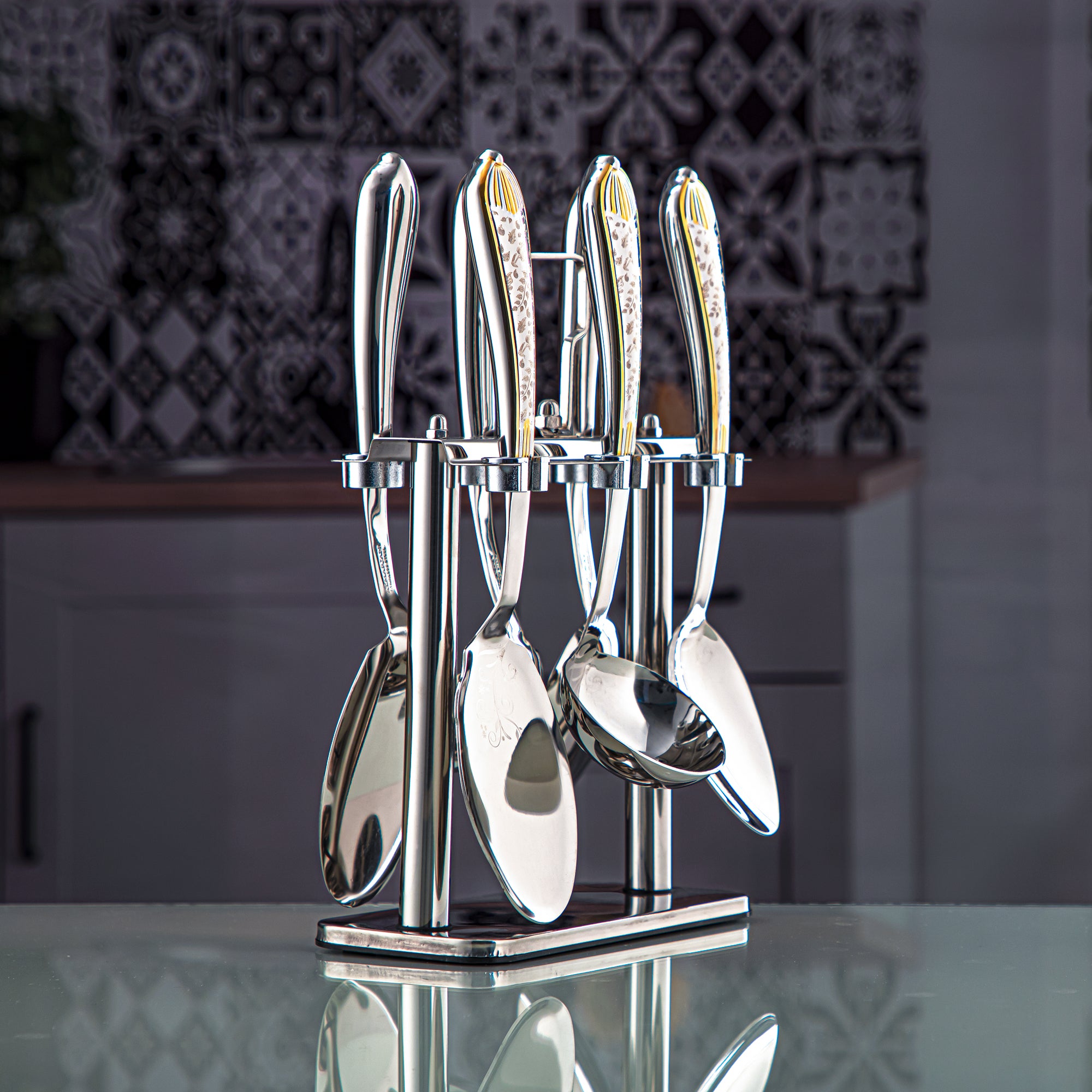 Almarjan 7 Pieces Stainless Steel Kitchen Tools Set With Holder Silver & Gold - DA064GLA020S