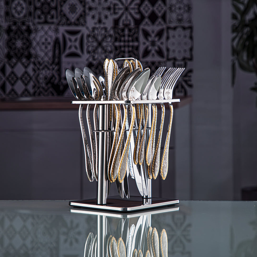 Almarjan 24 Pieces Stainless Steel Cutlery Set With Holder Silver & Gold - DA273GLE013/24