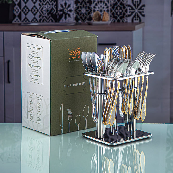 Almarjan 24 Pieces Stainless Steel Cutlery Set With Holder Silver & Gold - DA273GLE013/24