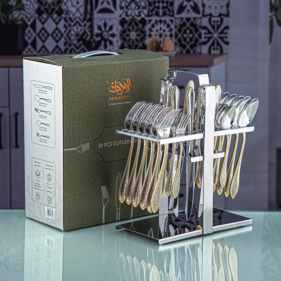 Almarjan 30 Pieces Stainless Steel Cutlery Set With Holder Silver & Gold - DA273GLE013/30