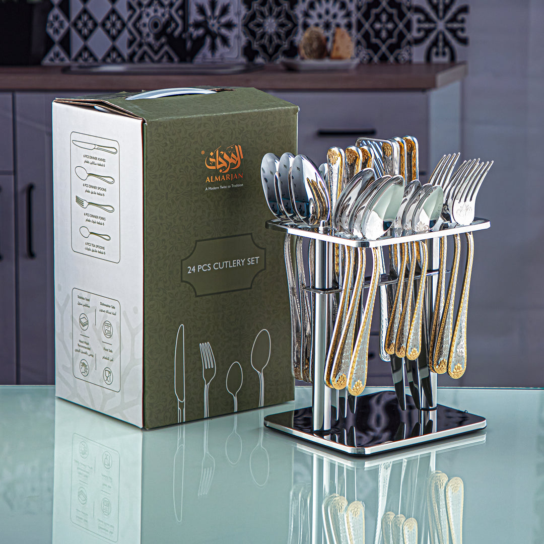 Almarjan 24 Pieces Stainless Steel Cutlery Set With Holder Silver & Gold - DA324GLE013/24