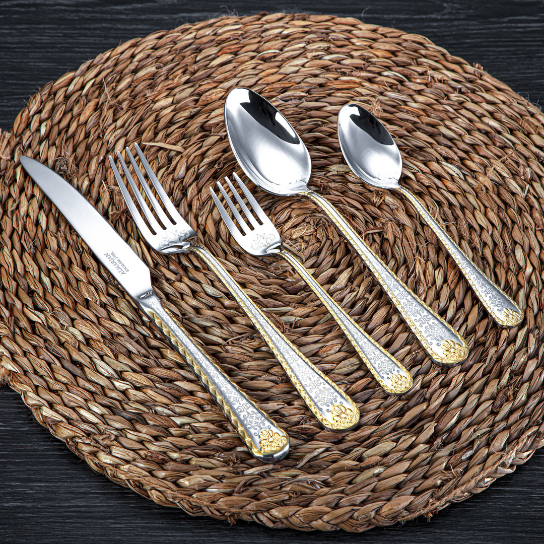 Almarjan 30 Pieces Stainless Steel Cutlery Set With Holder Silver & Gold - DA324GLE013/30