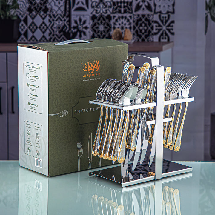 Almarjan 30 Pieces Stainless Steel Cutlery Set With Holder Silver & Gold - DA324GLE013/30