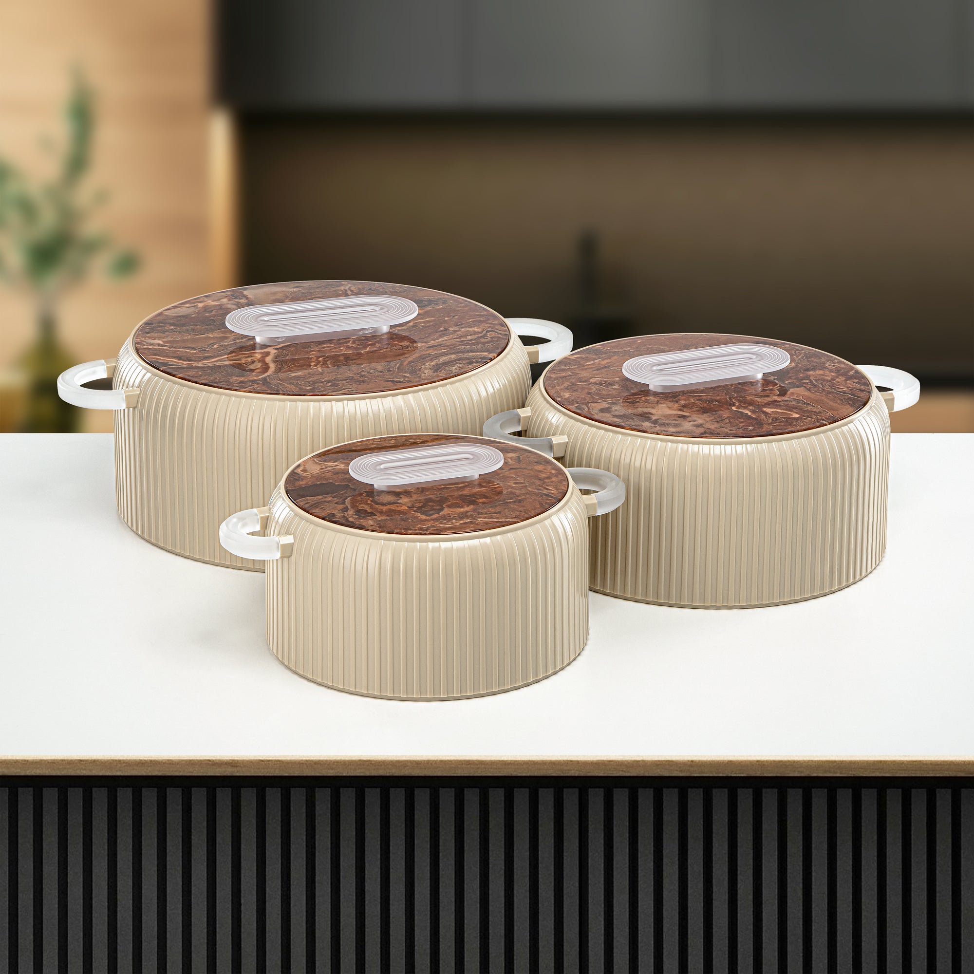 Almarjan Hot Pot Plastic, Set of 3 Pieces, Beige & Frost, 2000ML + 4000ML + 6500ML (EK-200/400/650 BR/FA) Ramadan Serveware