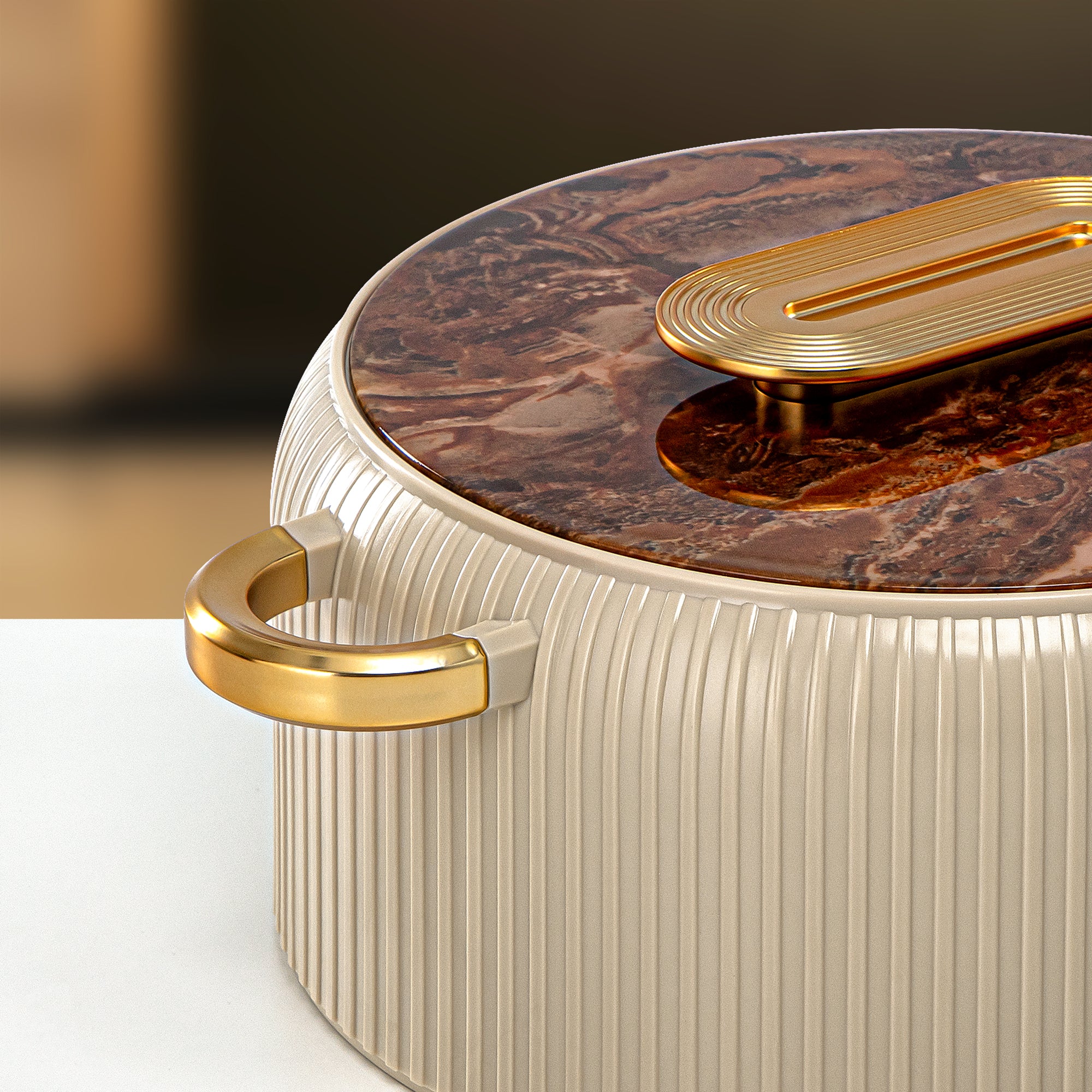 Almarjan Hot Pot Plastic, Set of 3 Pieces, Beige & Gold, 2000ML + 4000ML + 6500ML (EK-200/400/650 BR/MG) Ramadan Serveware