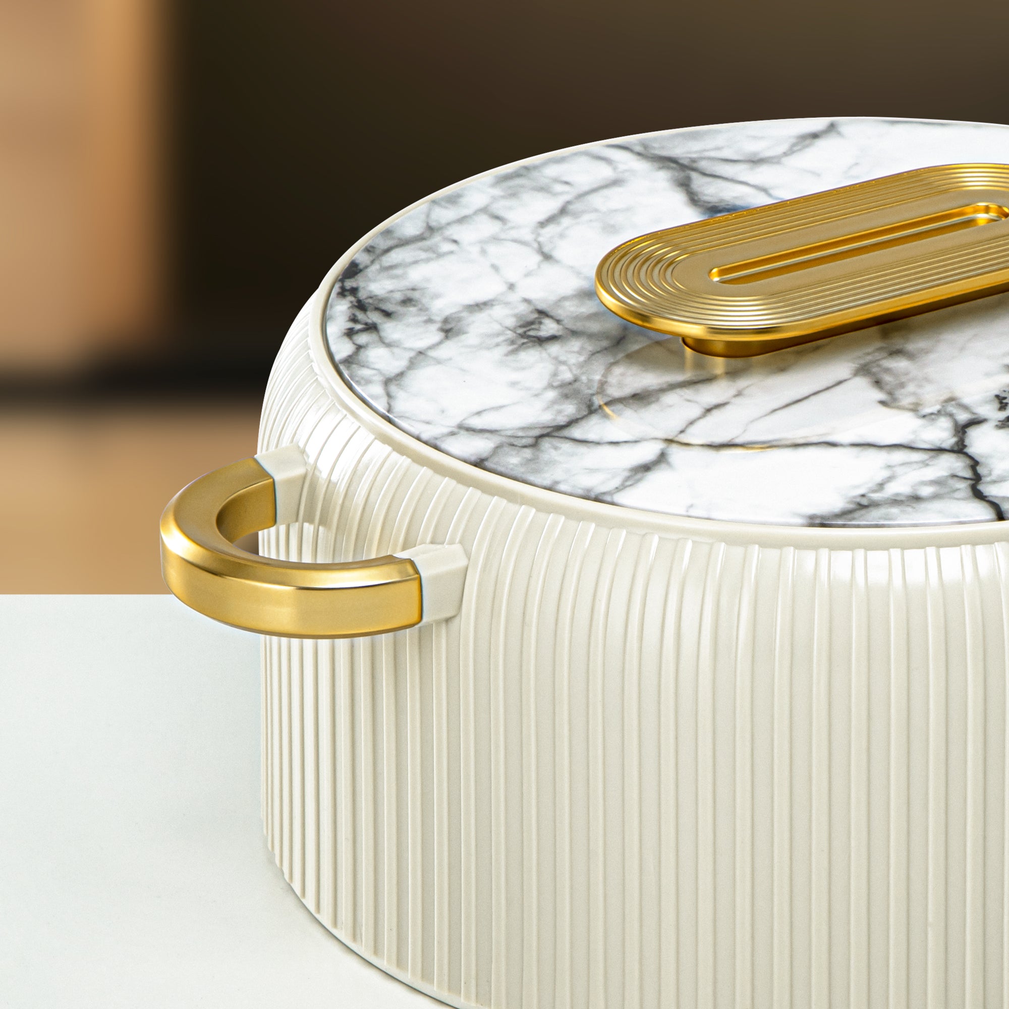 Almarjan Hot Pot Plastic, Set of 3 Pieces, White & Gold, 2000ML + 4000ML + 6500ML (EK-200/400/650 WM/MG) Ramadan Serveware