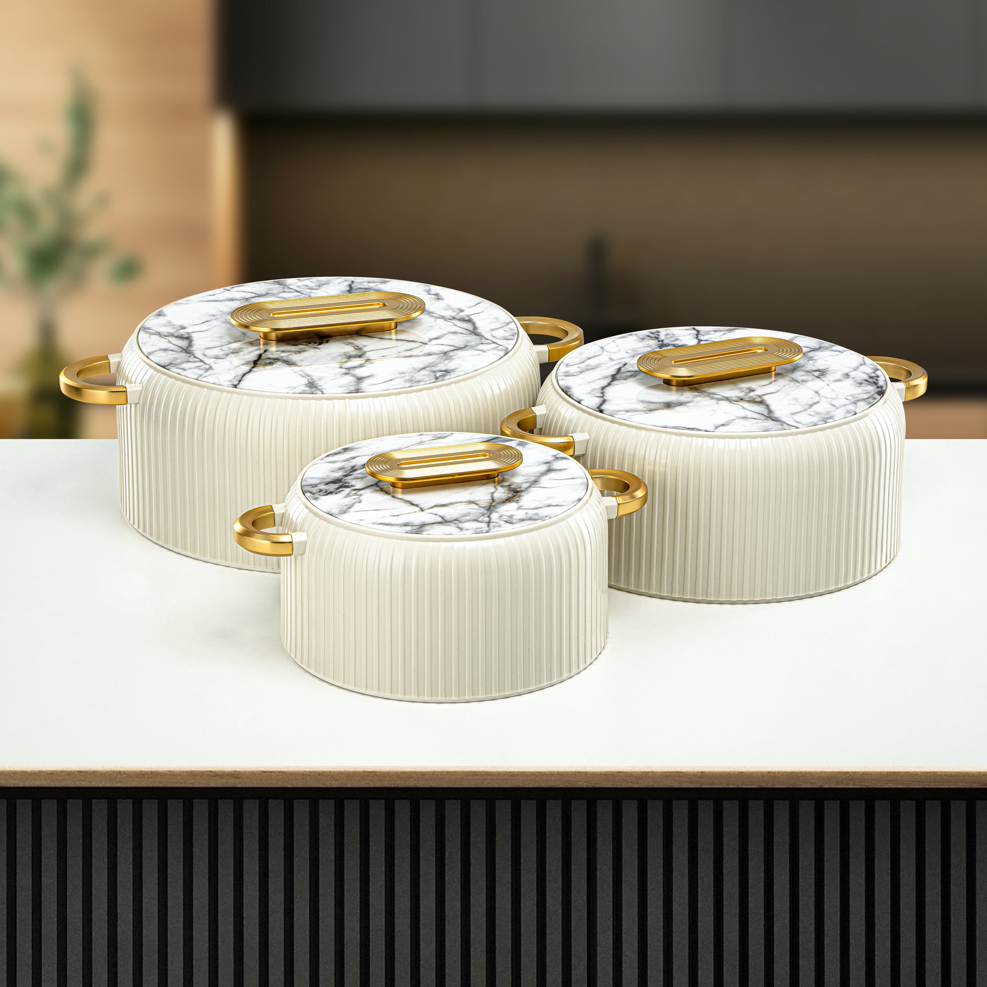 Almarjan Hot Pot Plastic, Set of 3 Pieces, White & Gold, 2000ML + 4000ML + 6500ML (EK-200/400/650 WM/MG) Ramadan Serveware